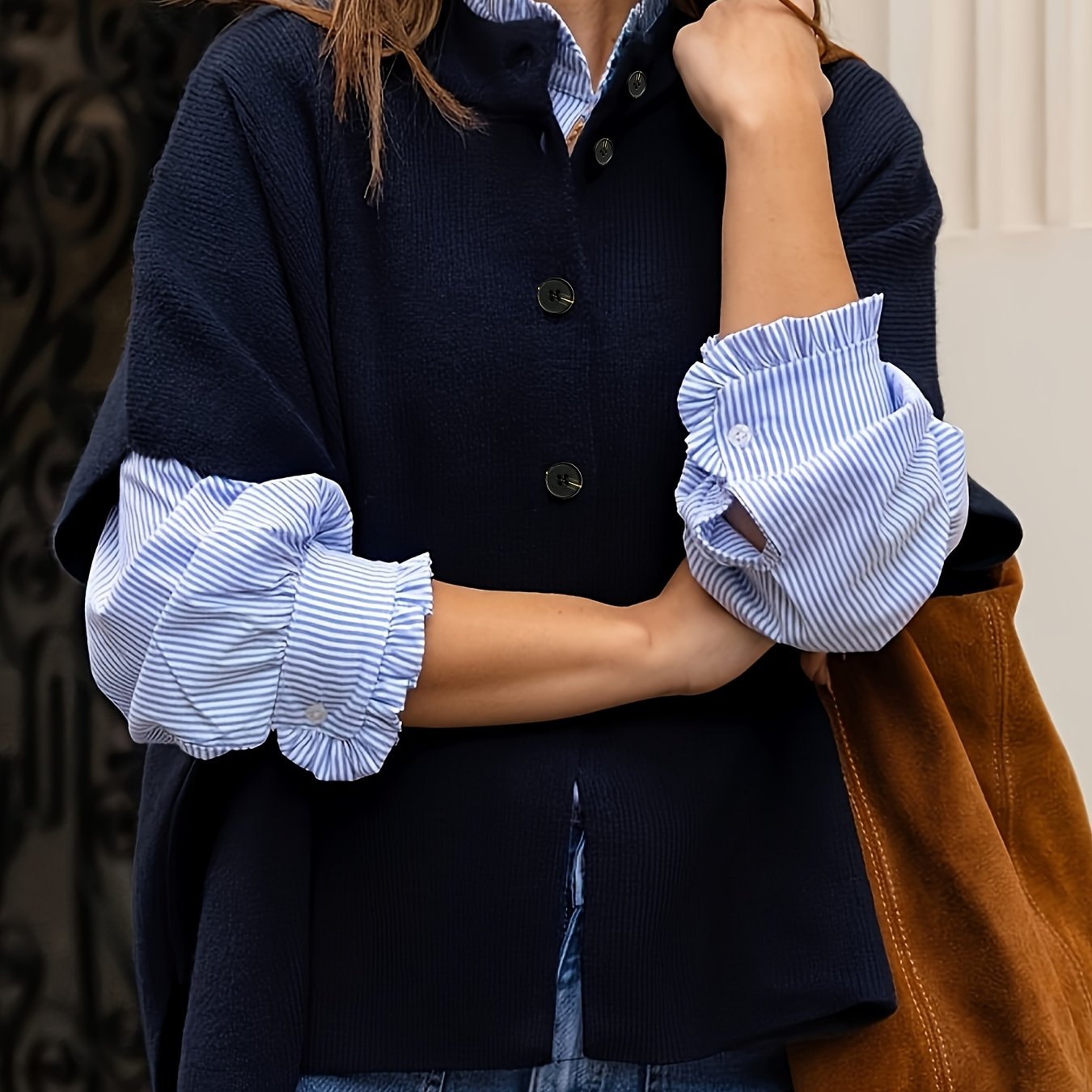 E-shop Elegante Damen Strickjacke in Unifarben mit - Vintage Open Front Sweater, Schlitz am Rücken, Knopfleiste, Layering Top, Bequemer Stehkragen,