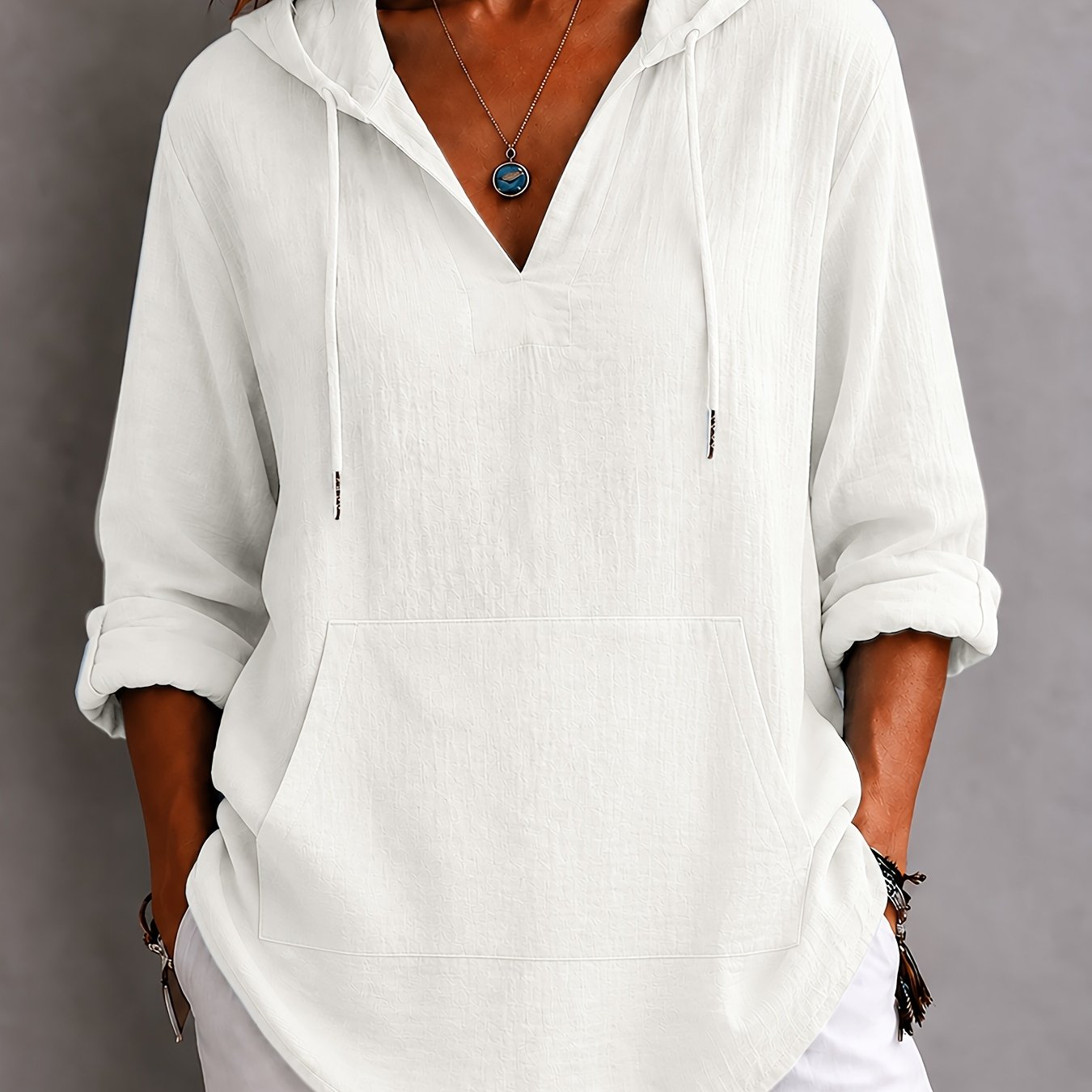 TEMU Plus Size Women's Elegant Hooded Shirt With Pockets & Long Sleeves, Fit For