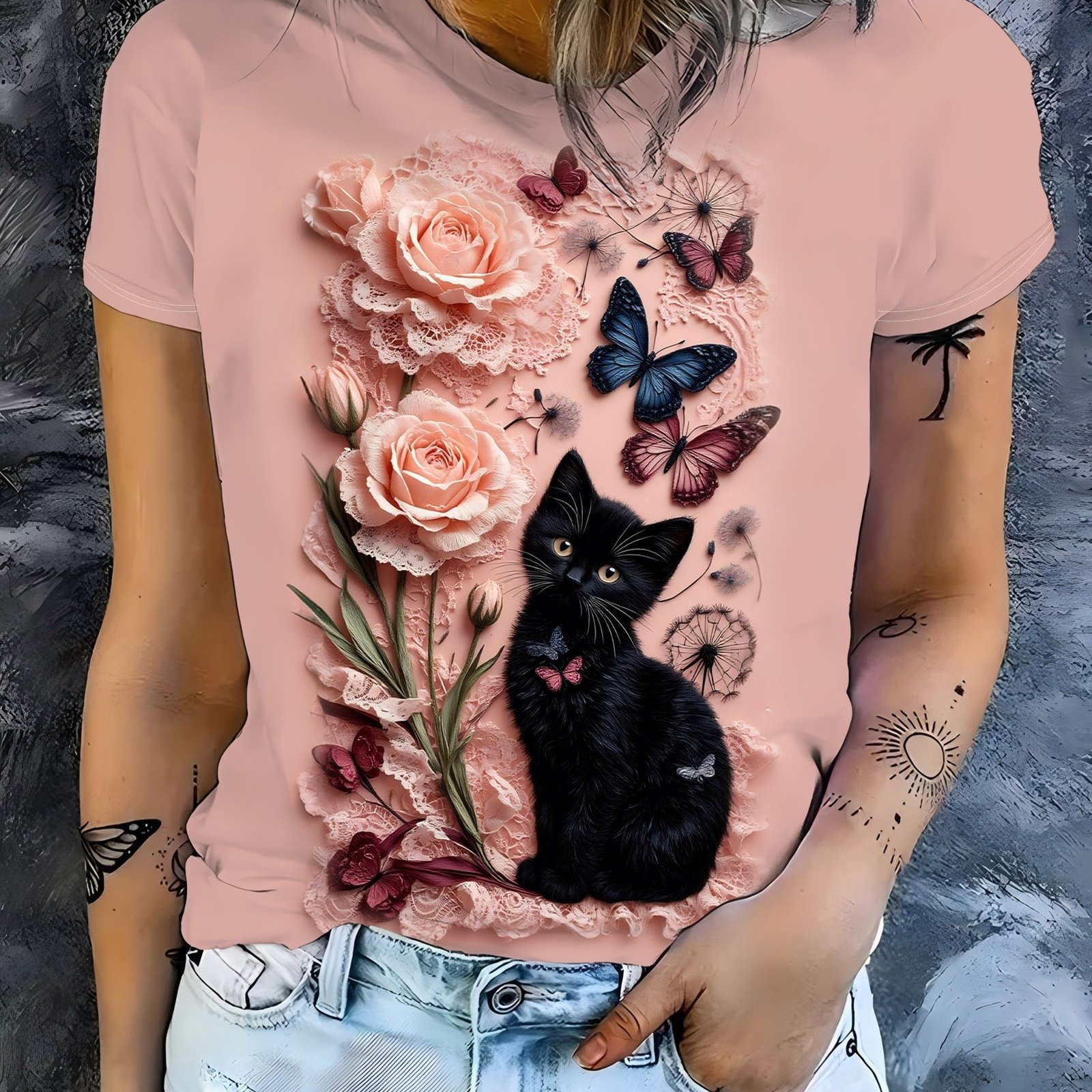 TEMU T-Shirt Femme à Manches Courtes - Design Imprimé et , Décor Papillon, Haut Élégant et Confortable, Col Rond, Mode Féminine
