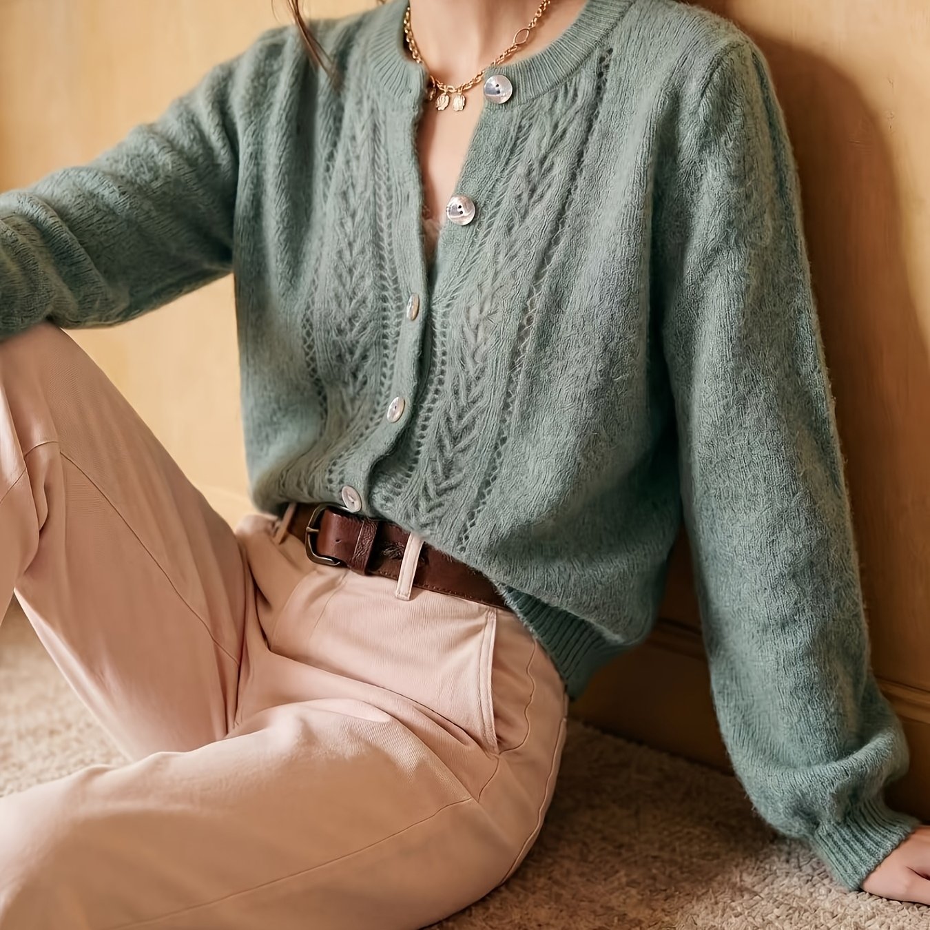 TEMU Sweater Knitwear Women's Cardigan French Lazy Style Round Neck Soft Mochi Hollow Loose Solid Color Versatile Top Women