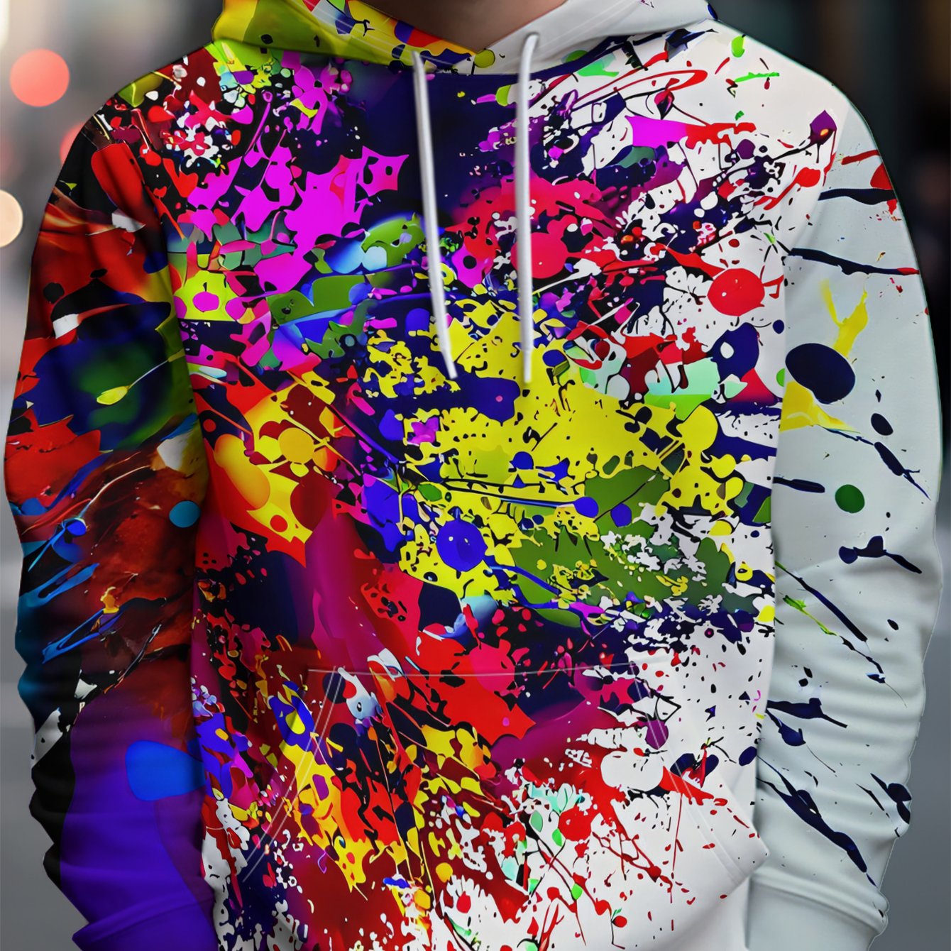 TEMU Men's Individual Style Hooded Sweatshirt With Colorful Paint Splatter Design, Full Of Dynamic And Vitality - Street Trendy Style, Rich And