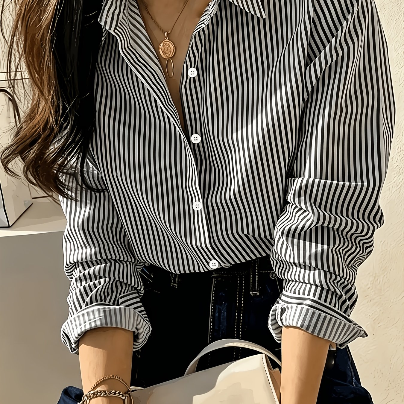 TEMU Women's Four-season Striped Commuter Elegant Shirt