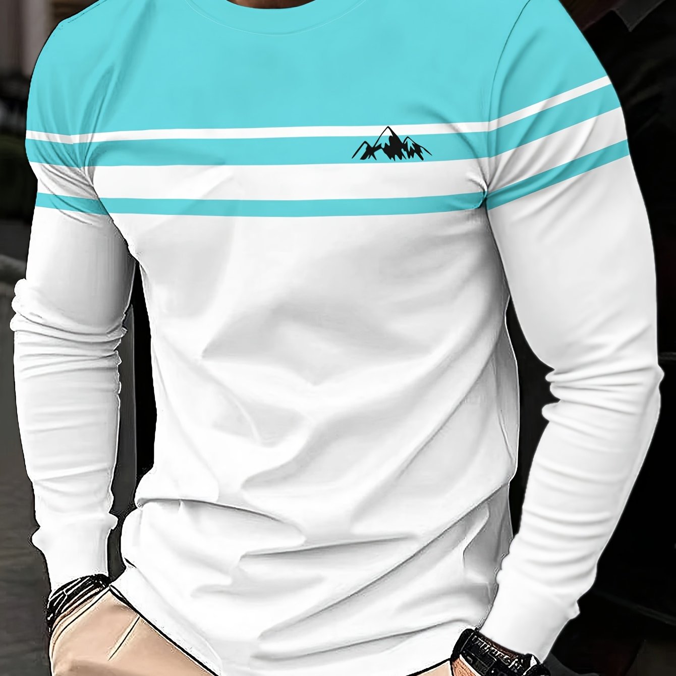 TEMU Men's Breathable Long Sleeve T-shirt - Casual Round Neck Striped & Suitable For Summer, Spring/ Wear, Relaxed Fit Shirts With Winding Tape,