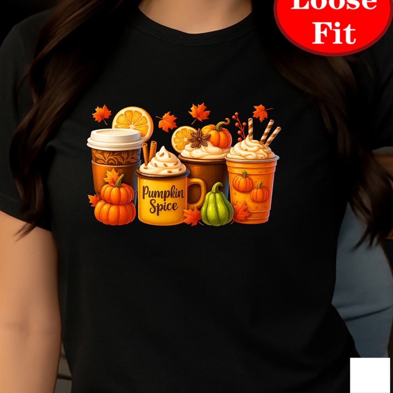 TEMU Women's Plus Size White Oversized H-line T-shirt - Short Sleeve Round Neck & Fall Spice Print (cinnamon, Nutmeg, Ginger) - Casual Loose Fit