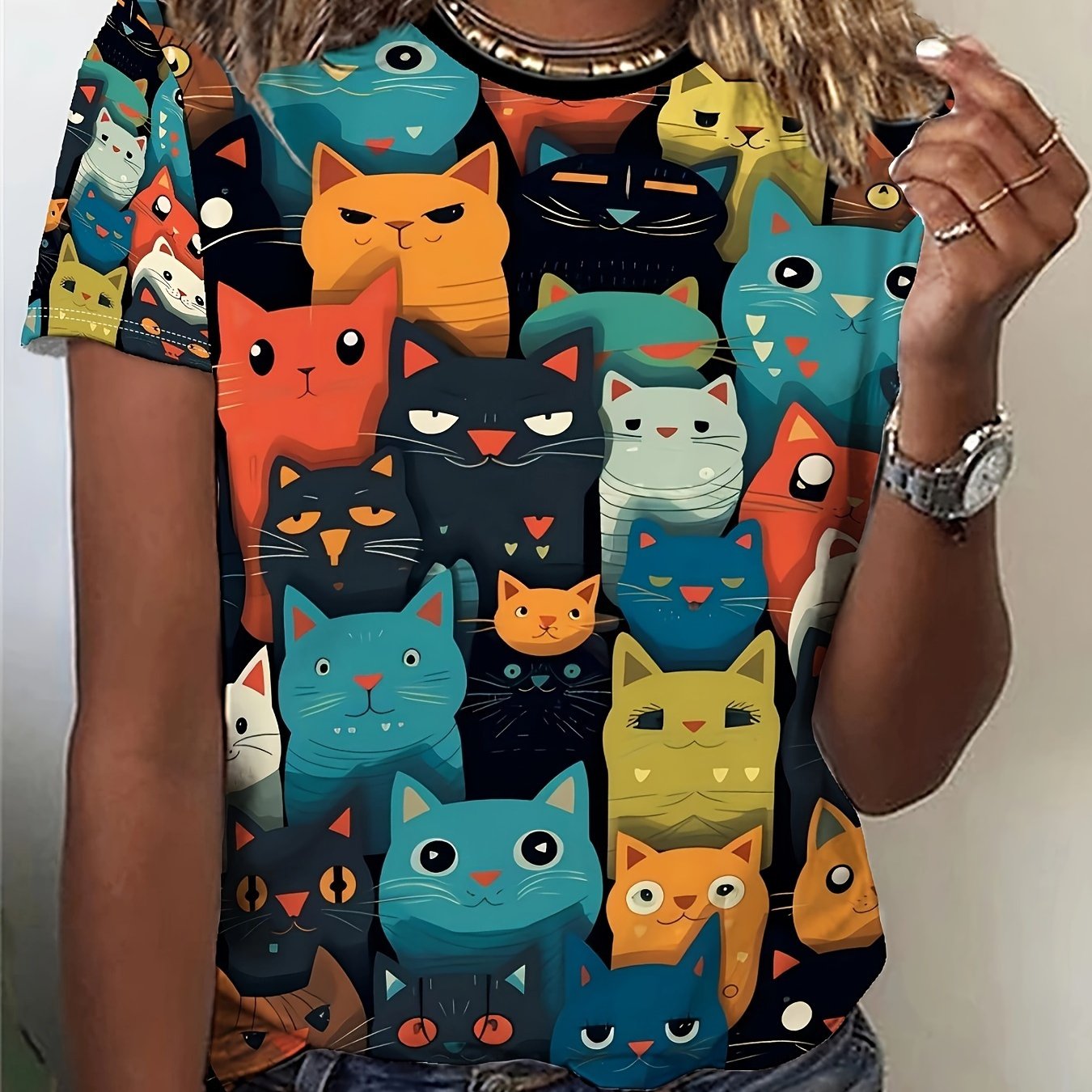 TEMU T-shirt à col rond imprimé chat, haut décontracté à manches courtes pour l'été, vêtement pour femmes