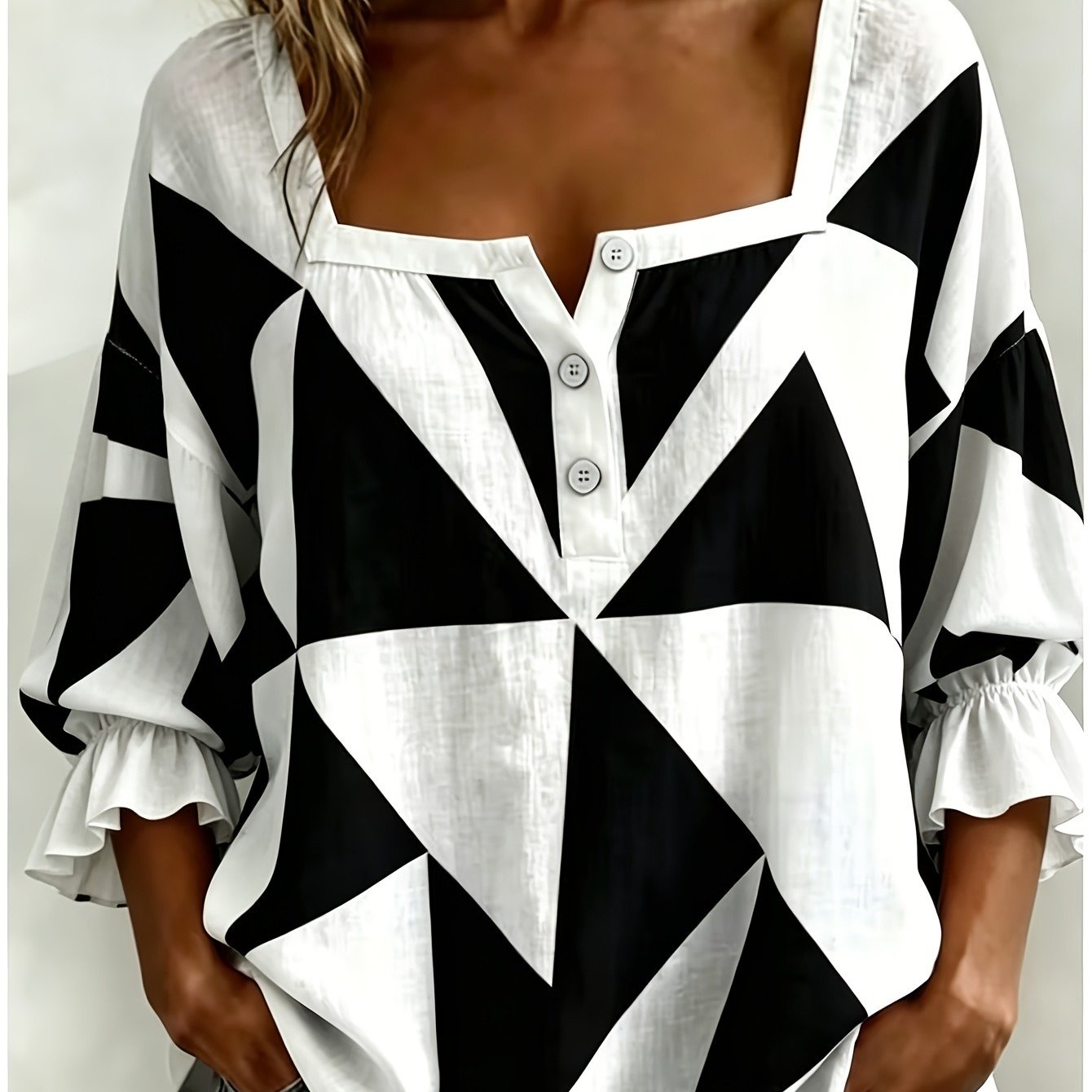 TEMU Elegant Square Neckline V-neck Button- Blouse, Geometric Print Vintage Top, 3/4 Sleeves Elasticated Puff Sleeves, Mother's Day Gift,