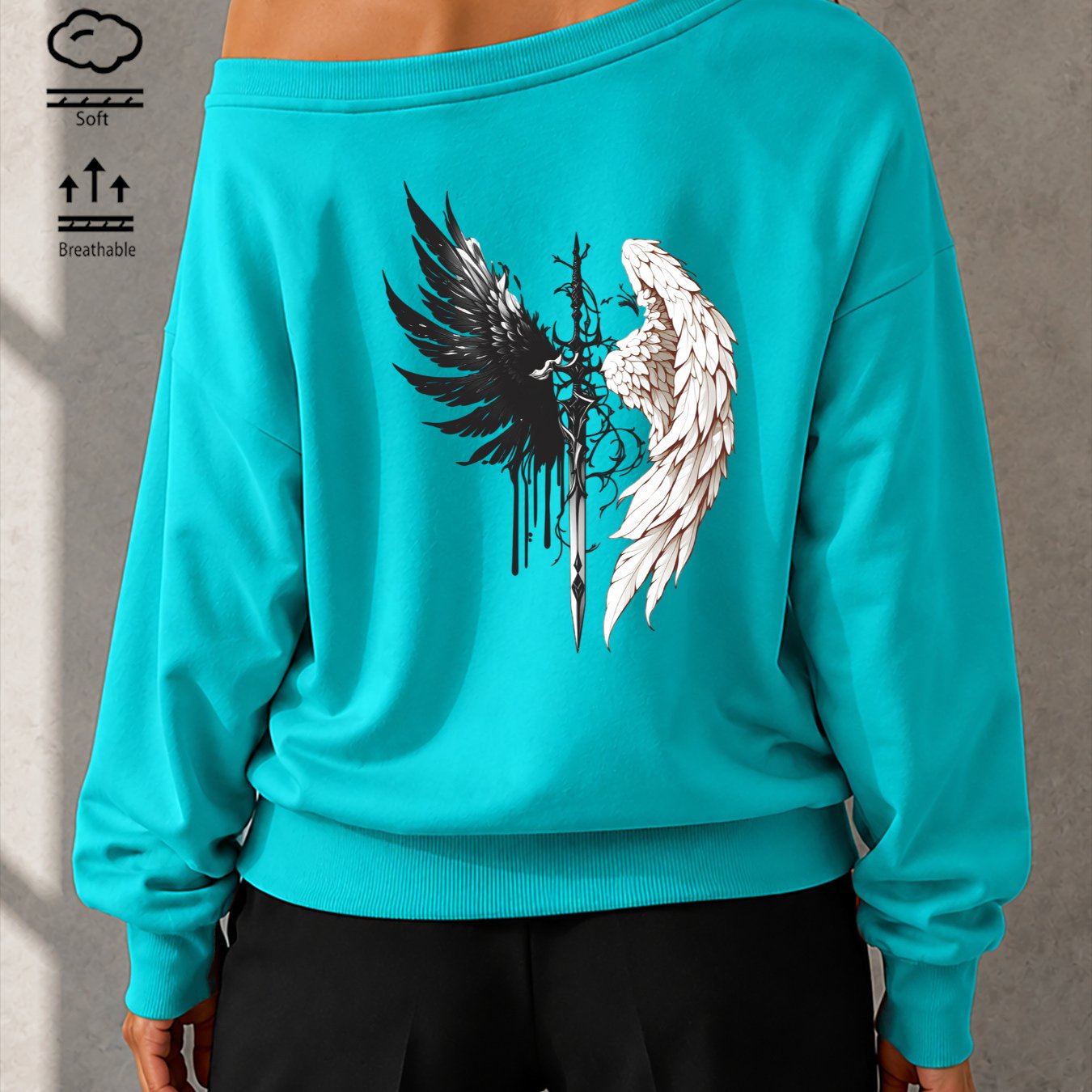 Image of Autumn Women's Asymmetric Off-shoulder Long-sleeve Y2k Fashion Sweatshirt With Wing Print, Relaxed Loose Pullover Outerwear