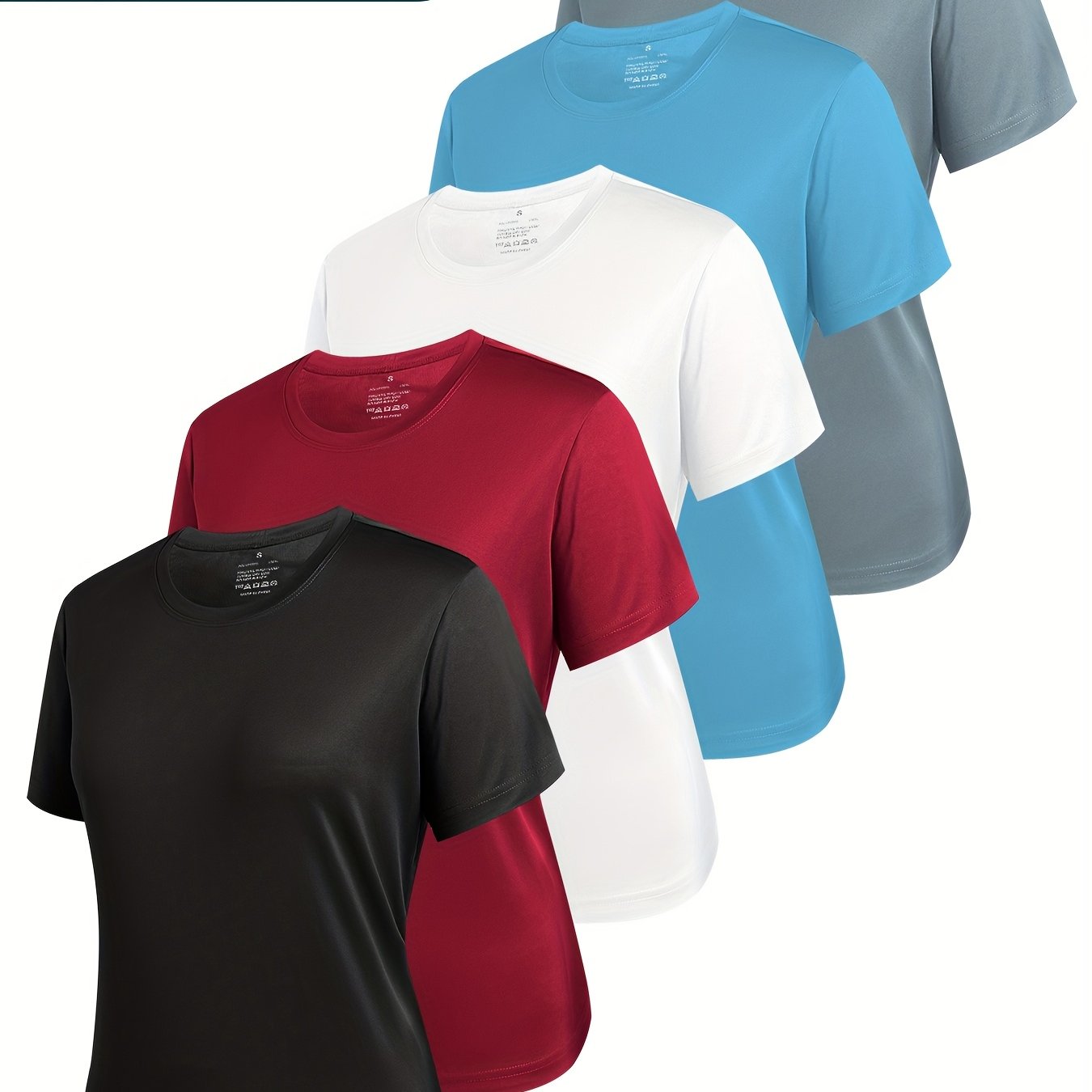 TEMU 5-pack Hoplynn 's Athletic Short Sleeve T-shirts - High-performance Moisture-wicking Workout Shirts, 5 Colors (/ Pink/beige/blue) - Round Neck