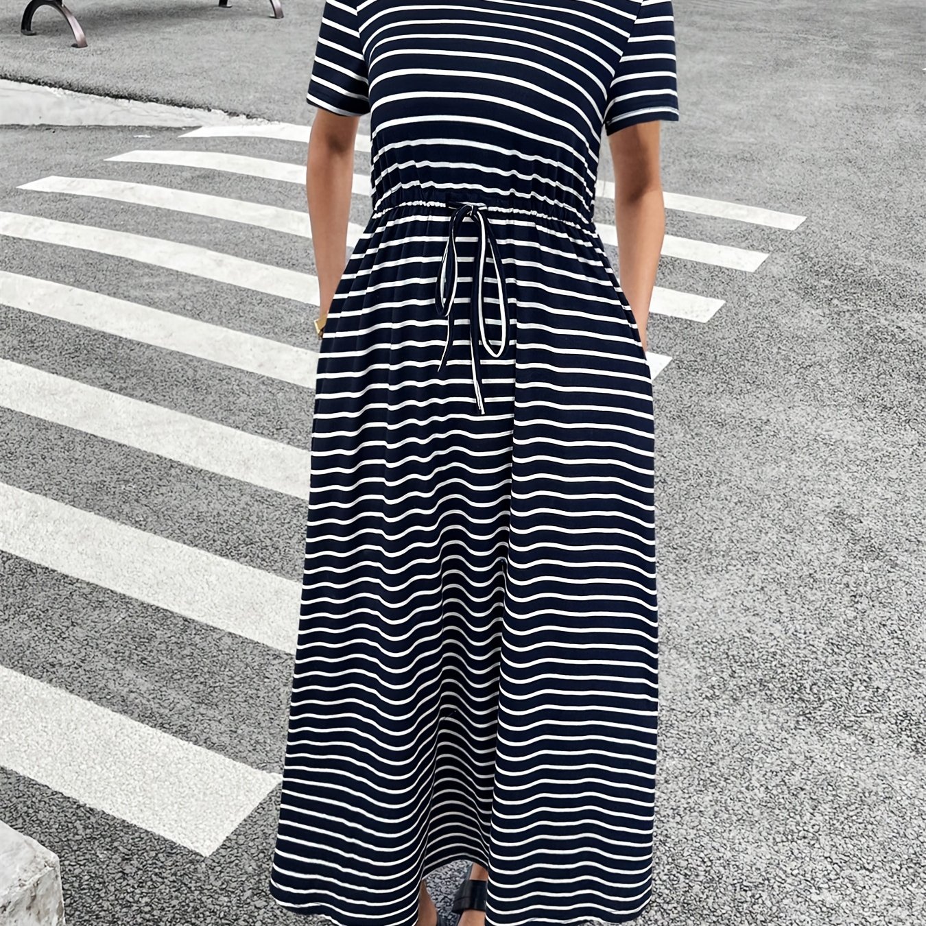 TEMU Summer Women's Striped Round Neck Short Sleeve Dress, Casual Dress With Side Pockets
