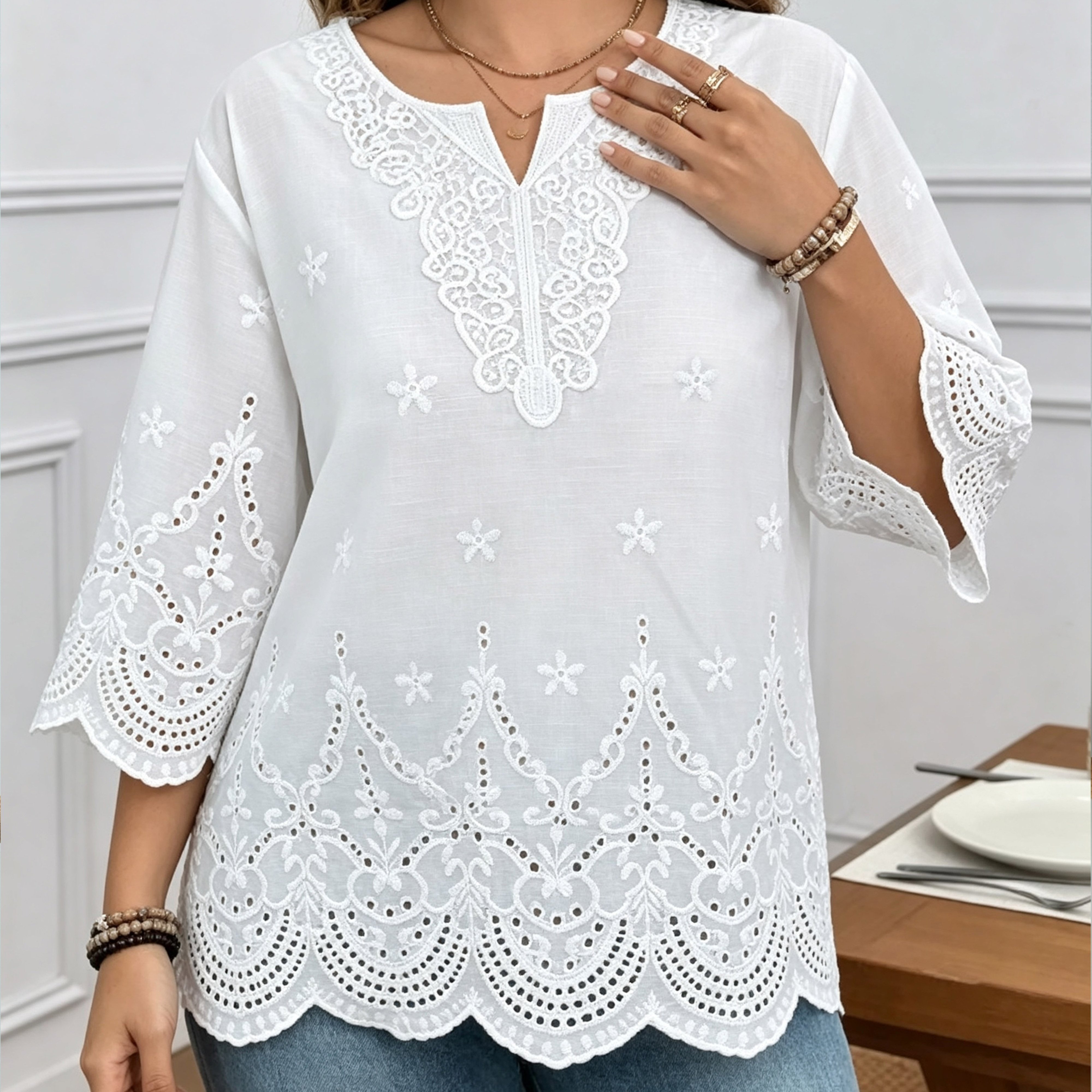 TEMU Camiseta con diseño de de encaje floral y cuello en V, adecuada para atuendos formales como informales