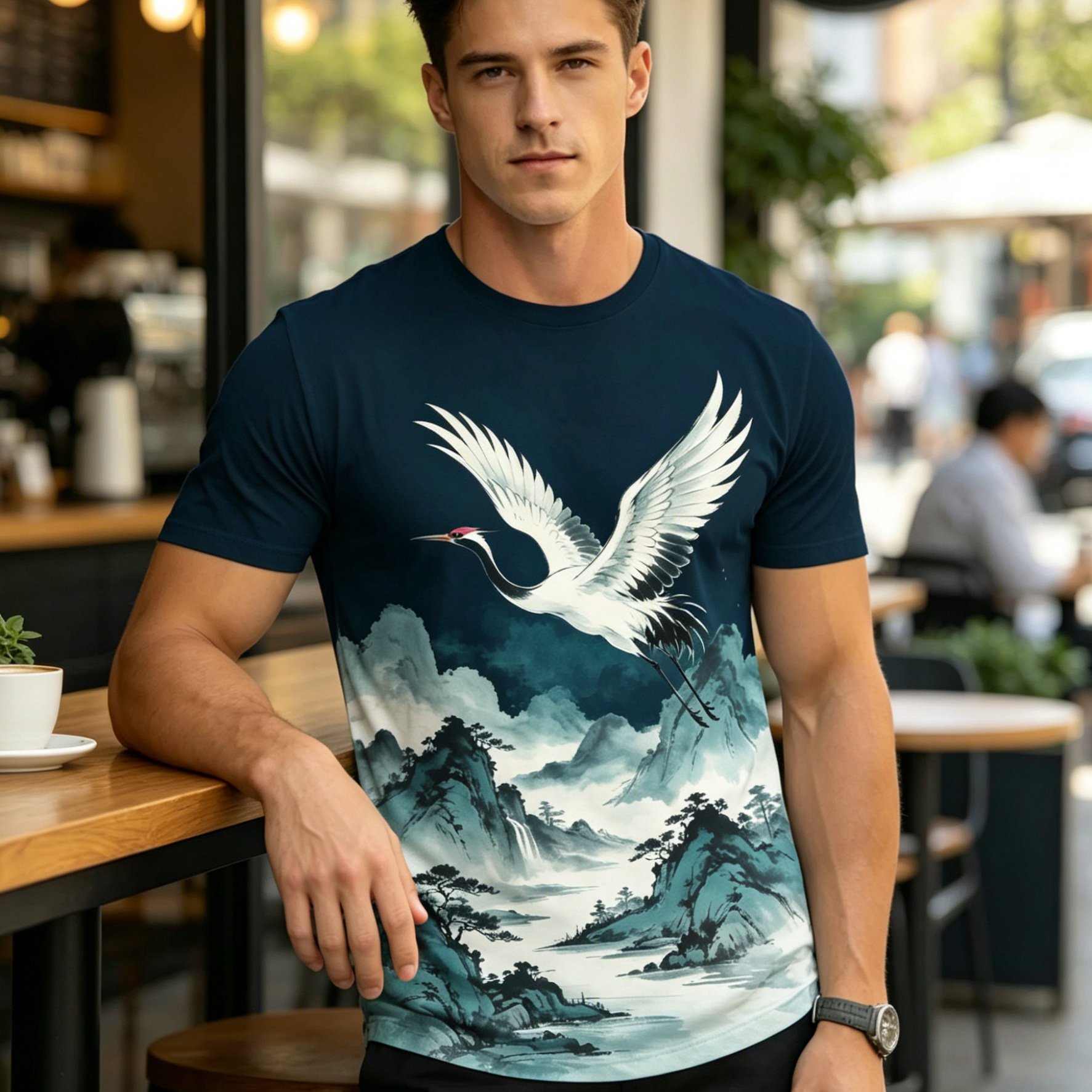 TEMU Printed Design - Not Textured] Plus-size Men's Crew Neck Top With Chinese-style Crane Print, A Trendy And Top Suitable For Commuting And , Plus