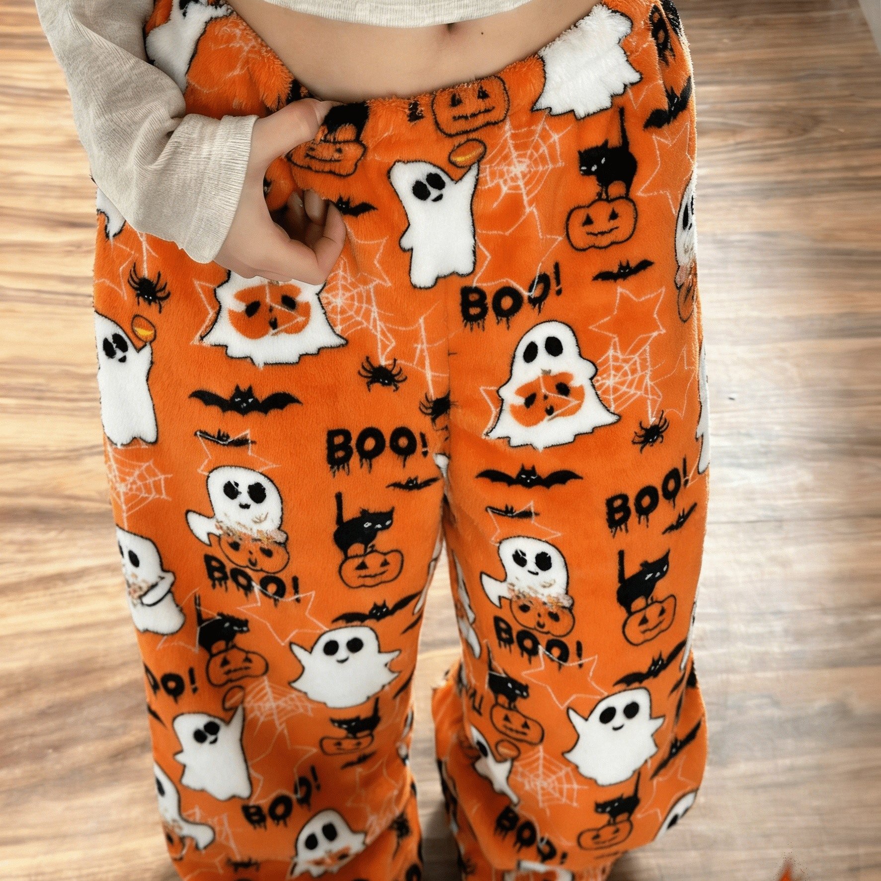 TEMU Women's Halloween Pumpkin Autumn/winter -lined Warm Pants, Loose Fit Cute Vintage Pajama Pants
