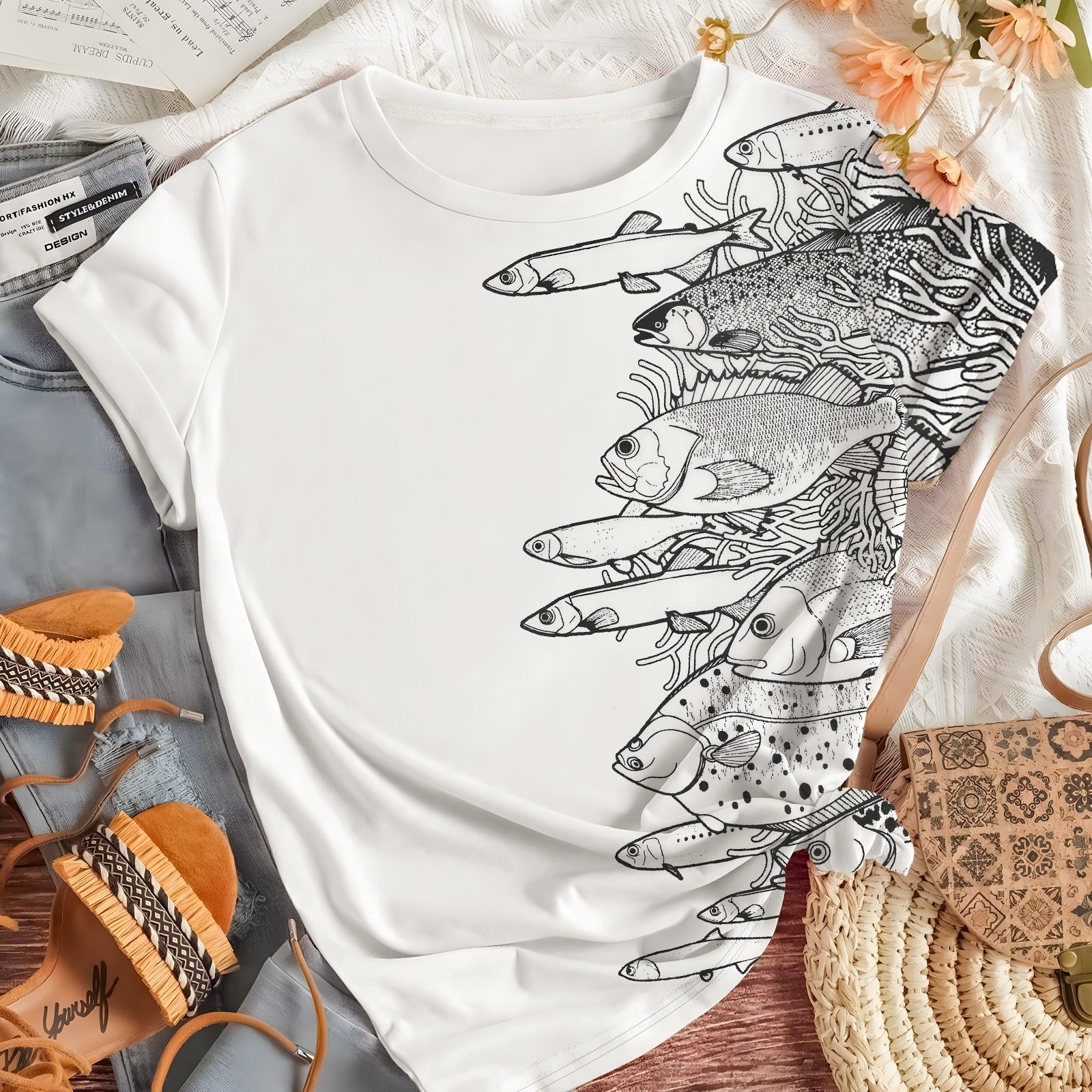 TEMU T-shirt imprimé poisson océan peint à , Design , Déplacement décontracté, Manches courtes pour femmes, Haut décontracté à manches courtes pour