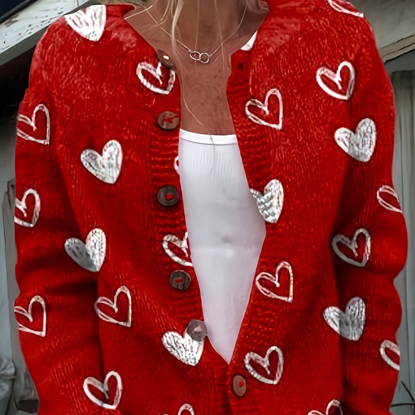 TEMU Cozy Long-sleeve Cardigan Sweater For Women Featuring A Heart Print And Front Buttons, Perfect For Autumn And Winter