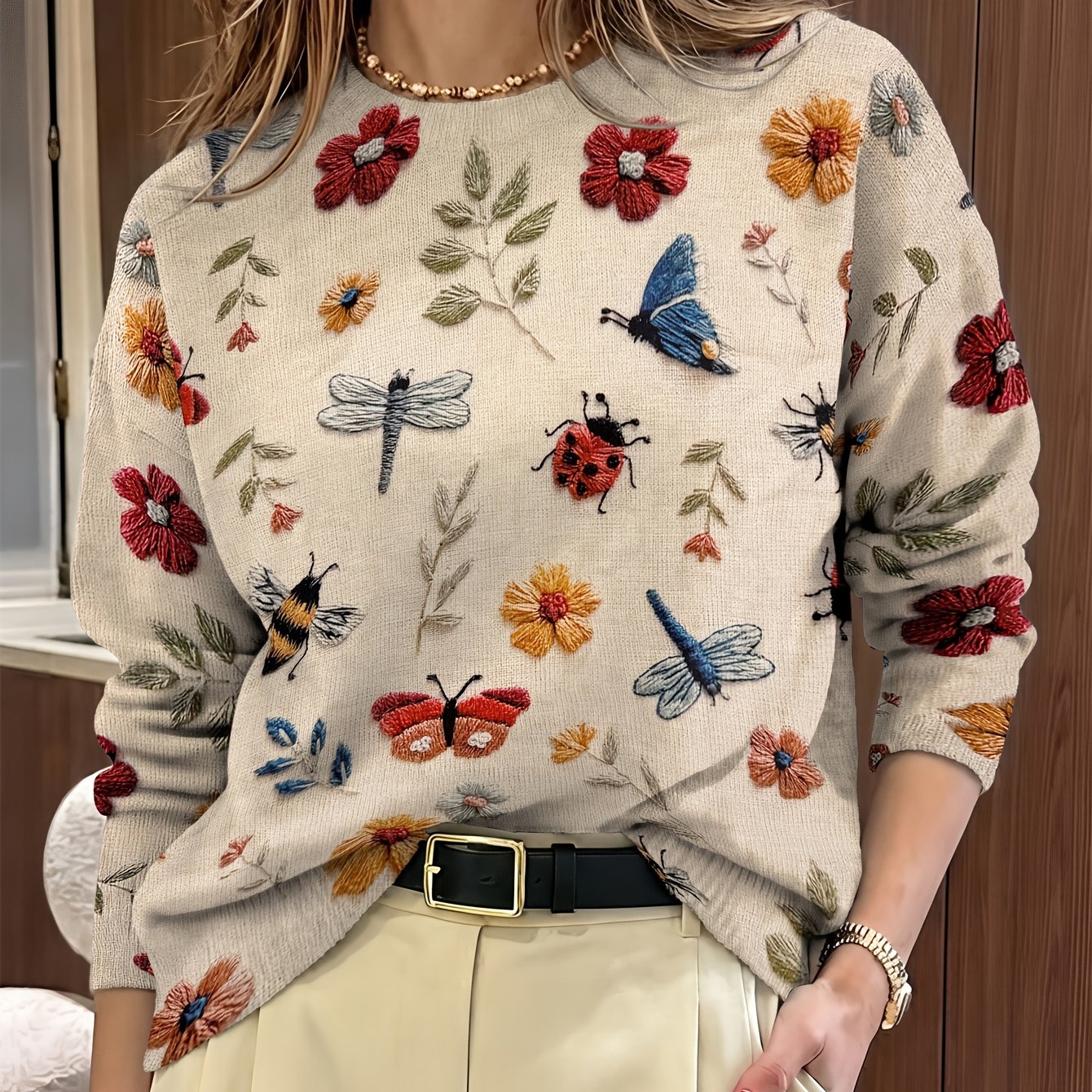Image of Print Sweater Featuring Insects And Flowers Design, Casual Long Sleeve Crew Neck Sweater For Autumn And Winter, Women's Apparel