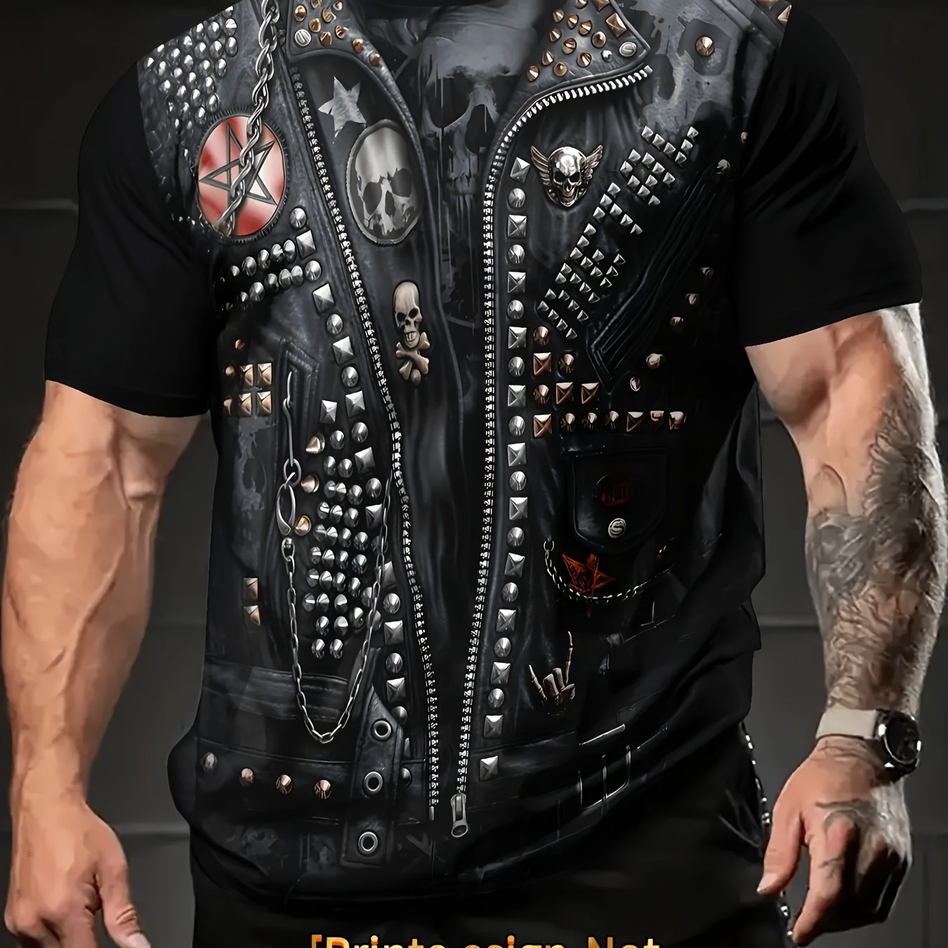 TEMU [print Design - Not Textured] Men's Gothic Heavy Metal Pattern T-shirt - Stimulating Skull, Nails And Pentagram Print - Machine Washable Regular
