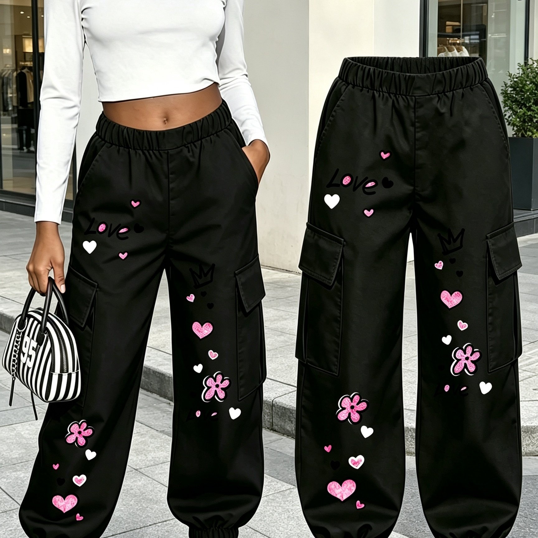 TEMU Pantalon cargo à pour femme grande taille avec joli imprimé cœur rose pêche et petite lettre "Love" à fleurs. Pantalon pour cargo multi-poches