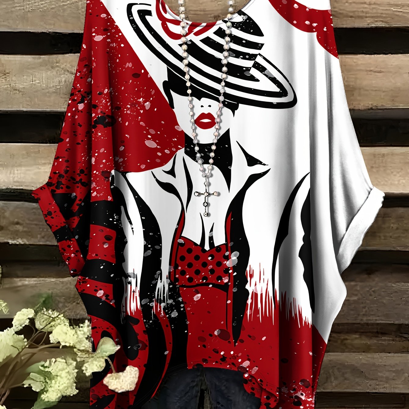 Image of Plus Size, Plus Size Fashion Lady Silhouette Print Mermaid Short Sleeve Women's Top, For , Work, Daily Commutes, Casual Crew Neck Oversized T-shirt, No Accessories