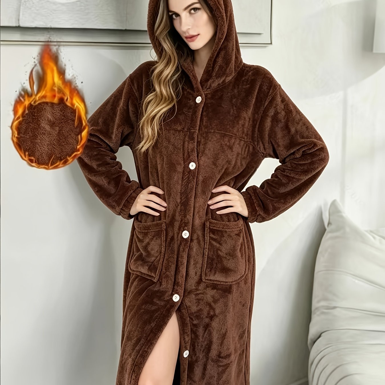 TEMU Women's Cute Bear Ear Hooded Bathrobe, Cozy Fluffy Winter Loungewear, Soft Warm Long Sleeve Sleepwear With Pockets, Perfect Gift For & Couples