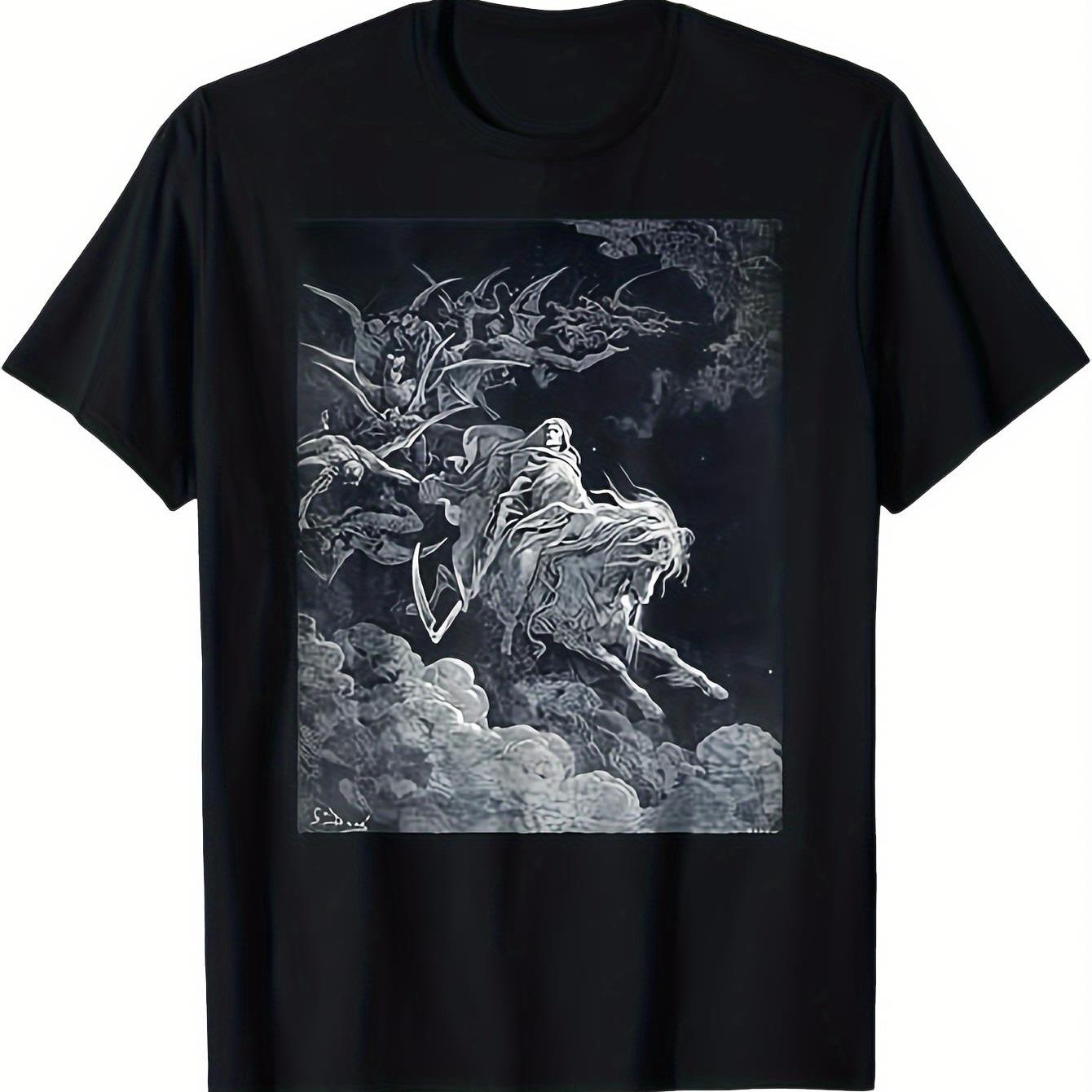 TEMU Men's Gothic Art T-shirt - Doré's "phantom Of Death" - Vintage Black And Figure Print - Heavyweight Loose Fit T-shirt - Machine Washable -