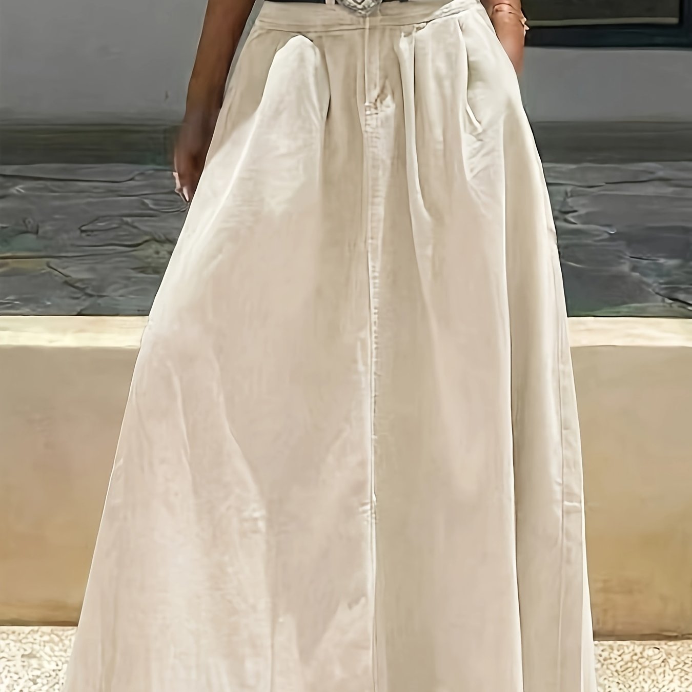 Image of Women' Straight Denim Skirt - Frayed Hem & Waistband Washable Midi Skirt Suitable For Spring Summer Fall, Minimalist Solid Color Casual To Dressy Outfits, Machine Washable Denim Half Skirt For Blouses