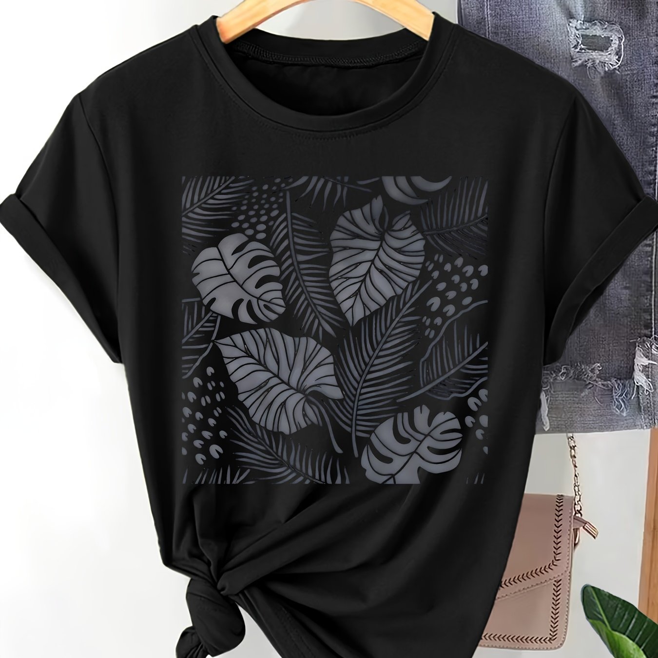 TEMU Women's Plus Size Short Sleeve T-shirt - Tropical Monstera Palm Leaf Print -compatible Round Neck Tee, Full-silhouette Botanical, Suitable For