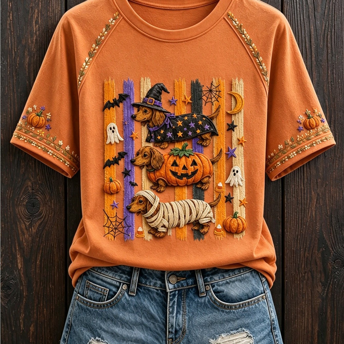 item picture breathable cool solid orange crew striped dachshund halloween pumpkin graphic top