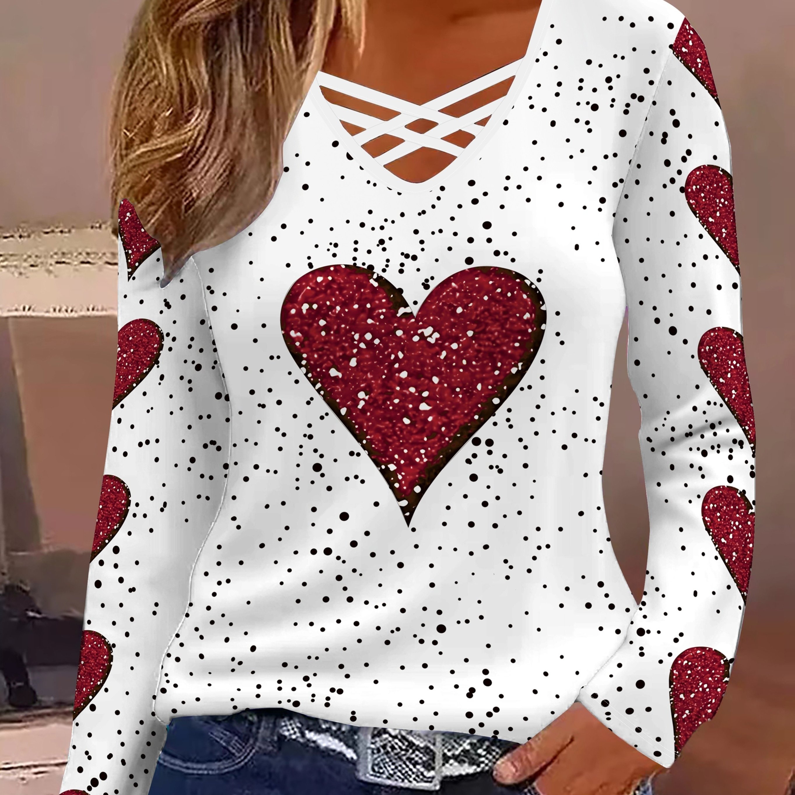 TEMU Valentine's Day Elegant Women's V-neck Cross Strap Printed Long Sleeve T-shirt, Trendy Fashion Heart-dyed Women's Top