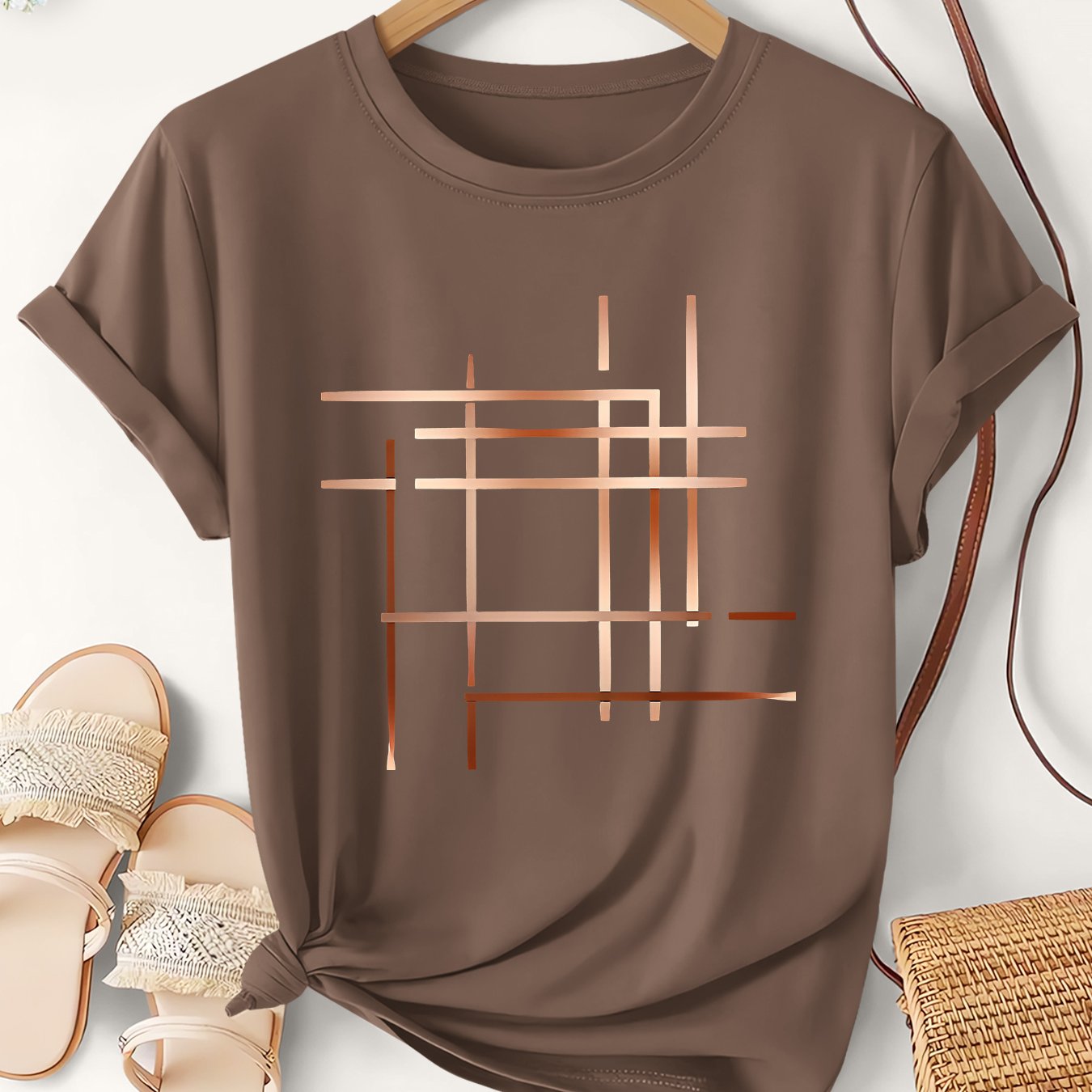 TEMU Women's Summer Plus Size Top | Rose Golden Horizontal And Vertical Lines Minimalist Abstract Premium Geometric Print Women's T-shirt | Gradient