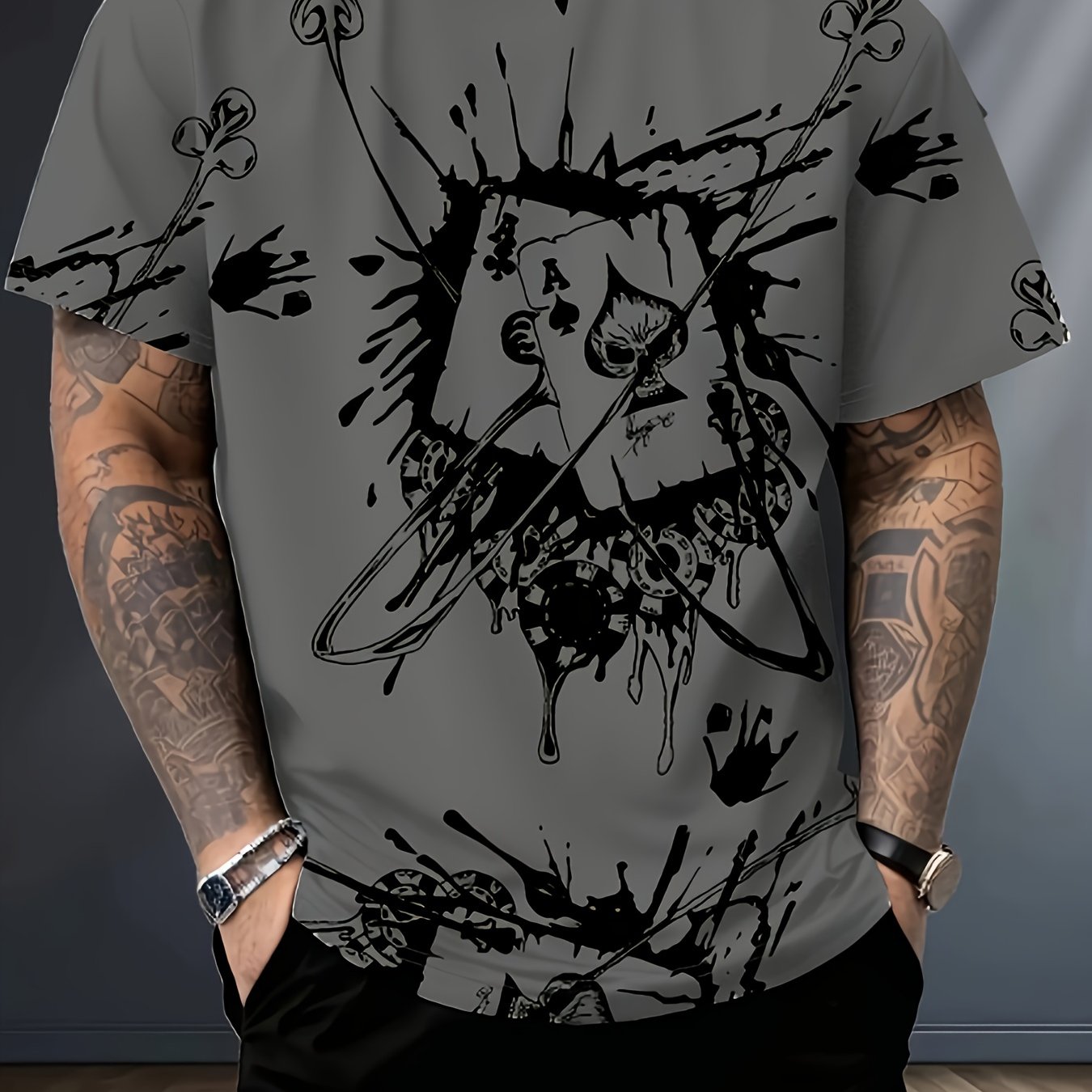 TEMU T-Shirt Homme Design Cartes de Poker - & Dix-2 Suites Impression Numérique, Col Rond Décontracté Haut d'Été, Tee-Shirt Lavable en Machine pour