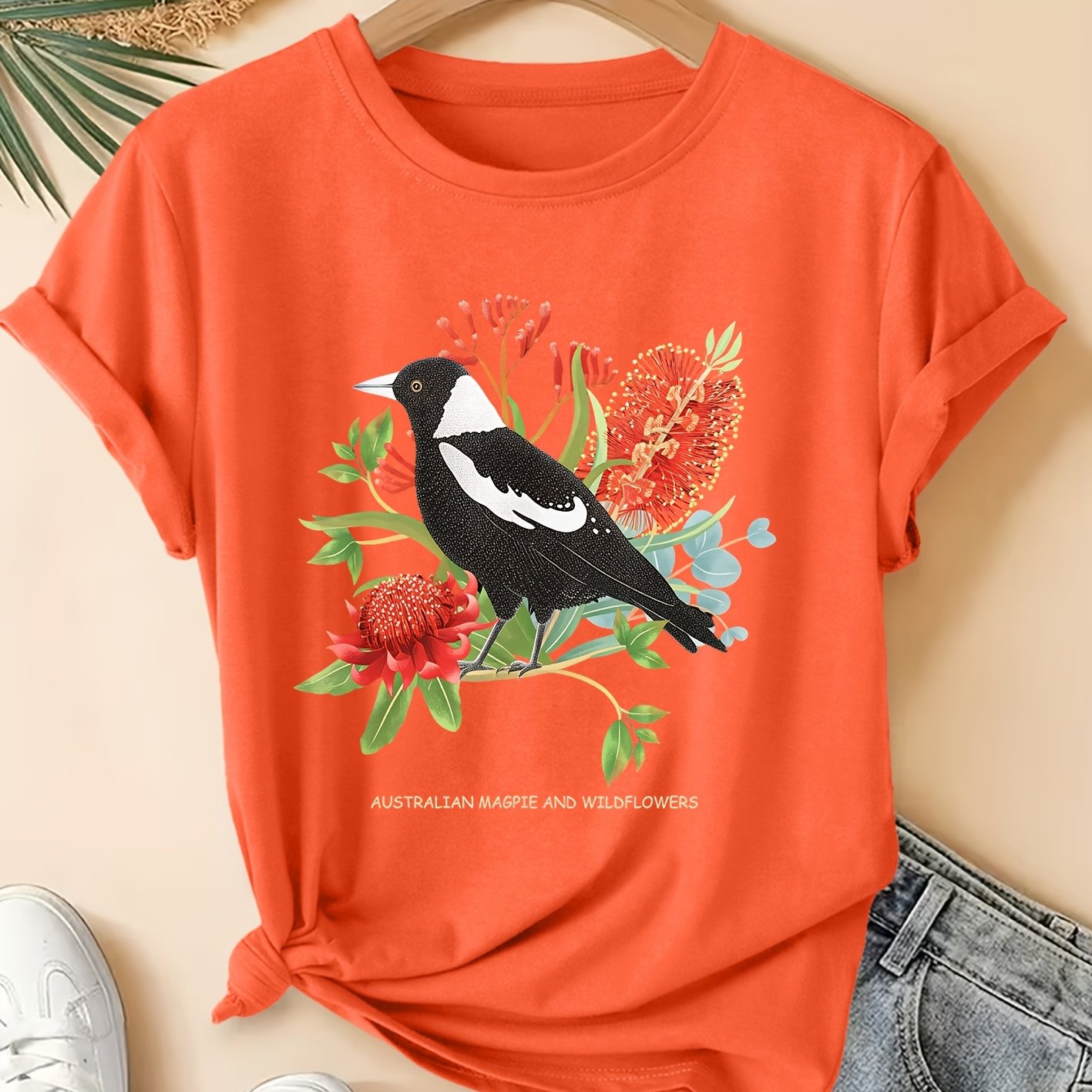 TEMU Women's Elegant Style Short Sleeve Round Neck Top With Australian Magpie Print, Short Sleeve Women's Clothing Suitable For Spring And Summer,