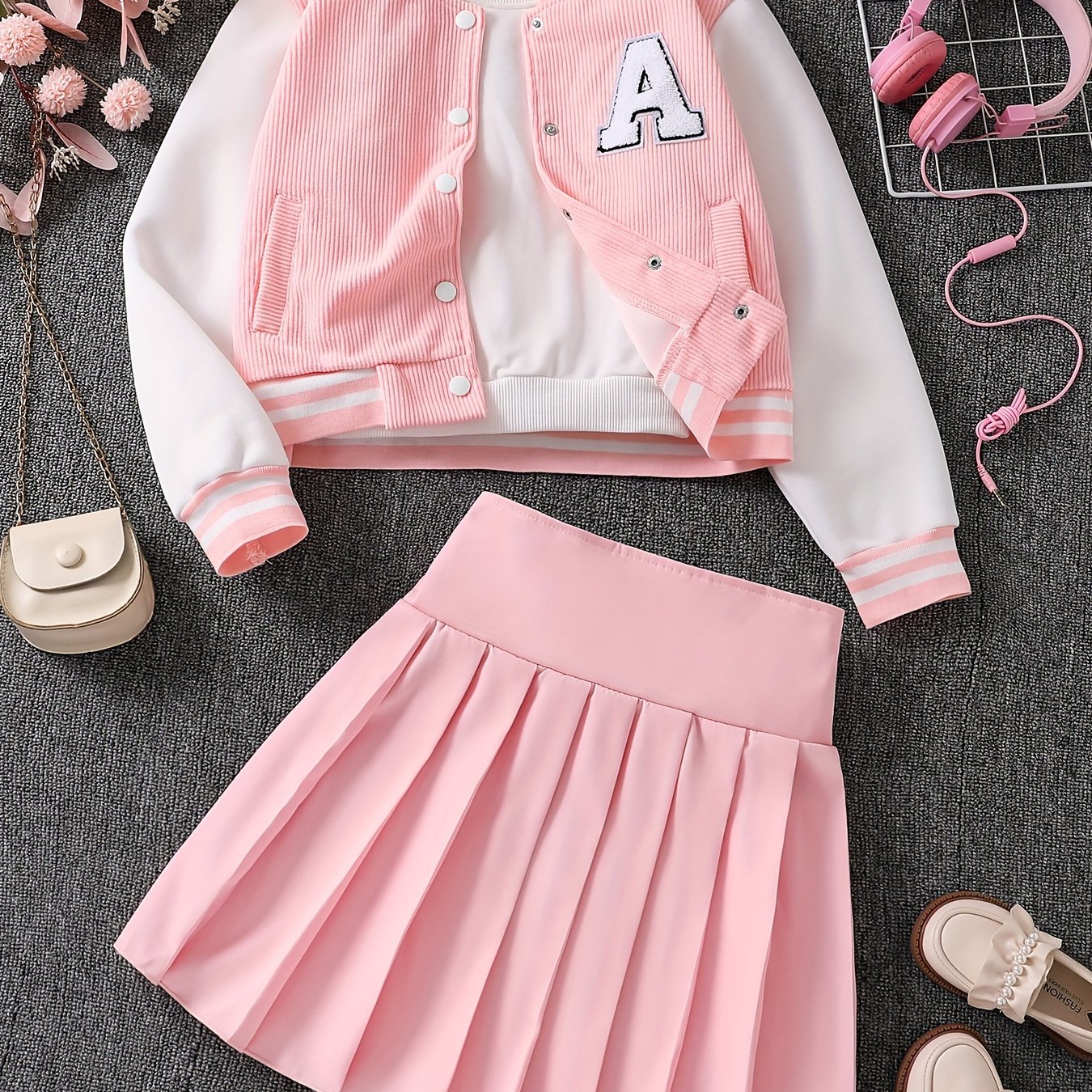 Girls' Set Letter Embroidered Baseball Jacket And Pleated Skirt 2pcs Set, Back To School Essentials