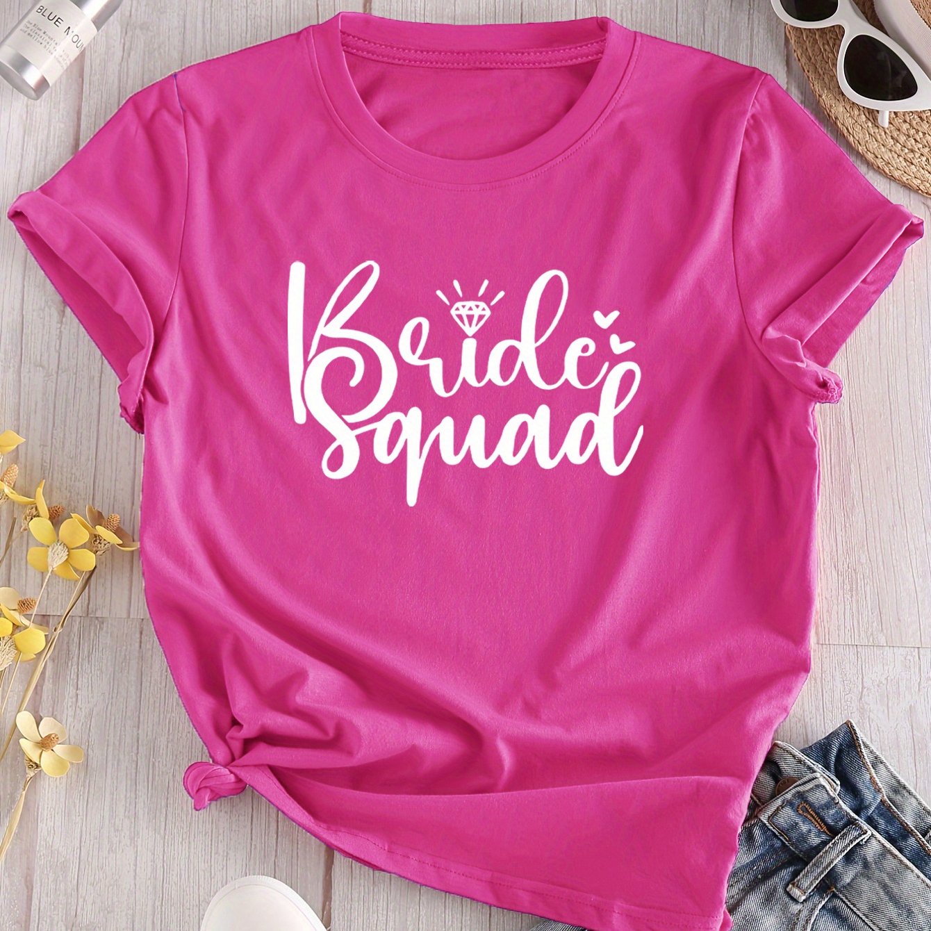 TEMU Bridal Party T-shirt With '' Lettering, Round Neck, Short Sleeves, Fabric, Available In Various Colors, Women's Top
