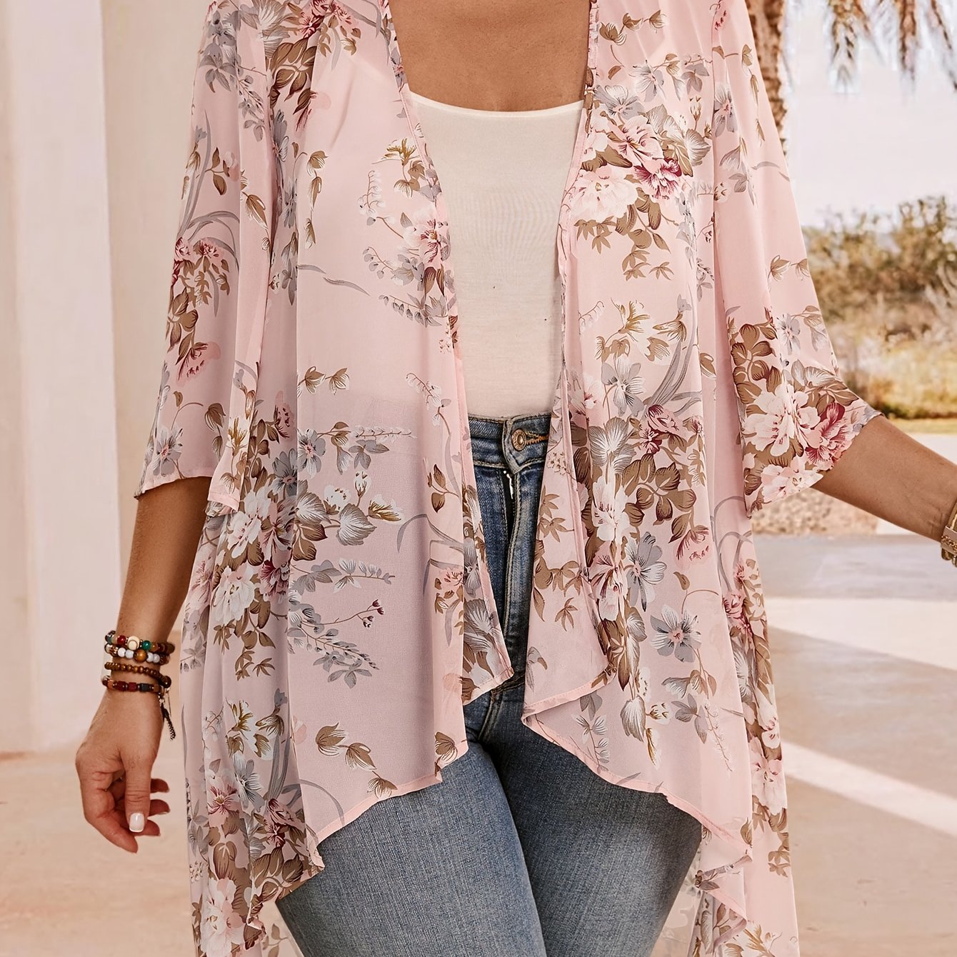 TEMU Plus Size, Plus Size Elegant Asymmetric Front Open Lightweight Summer Jacket, Vacation Women's Wear, Simple Fashionable Daily Wear, Summer