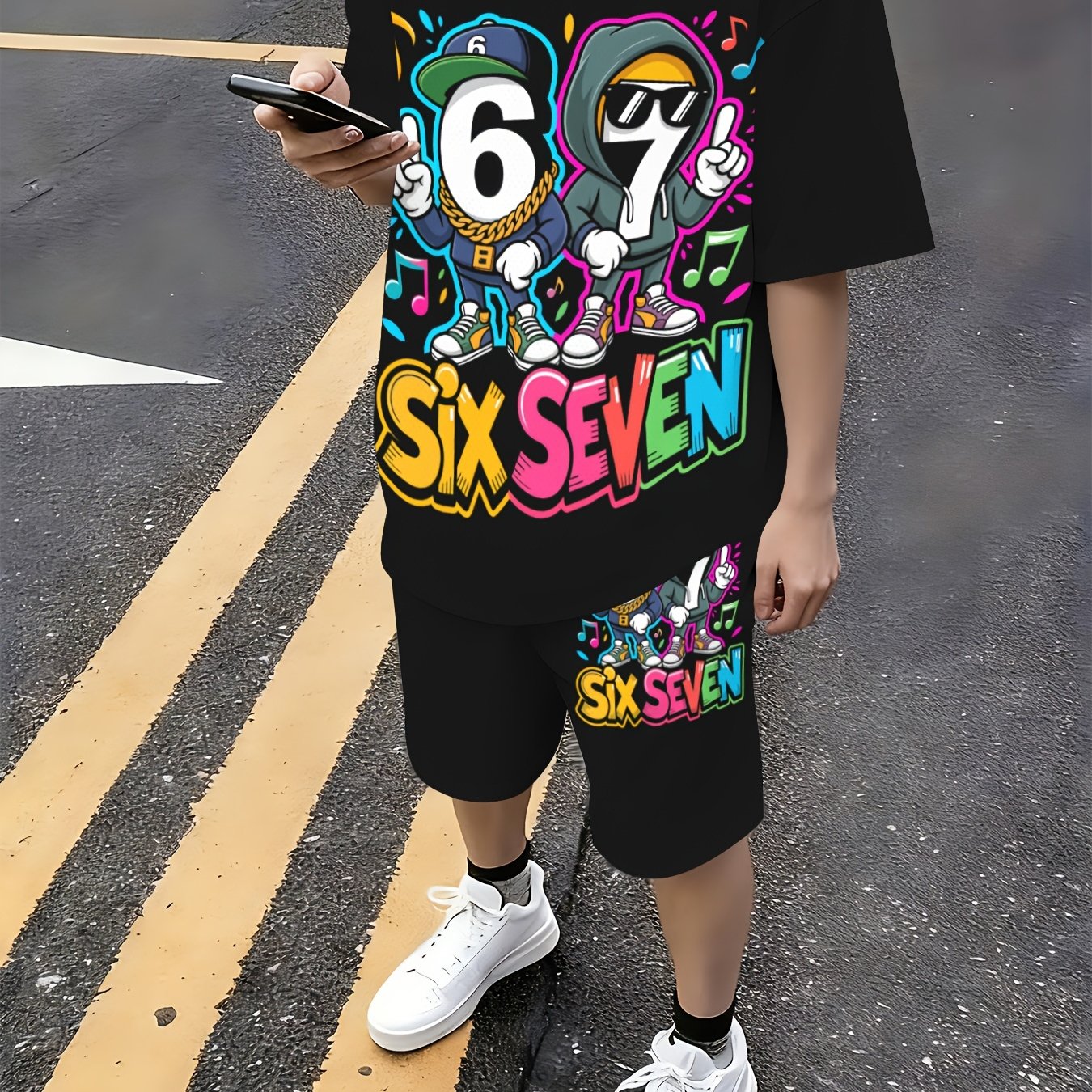 Teenage Boys' Big Kids' Short-sleeved Loose Shorts Set, Fashionable T-shirt And Loose Sports Shorts Set, For Outdoor, For Teenager, For Teenager