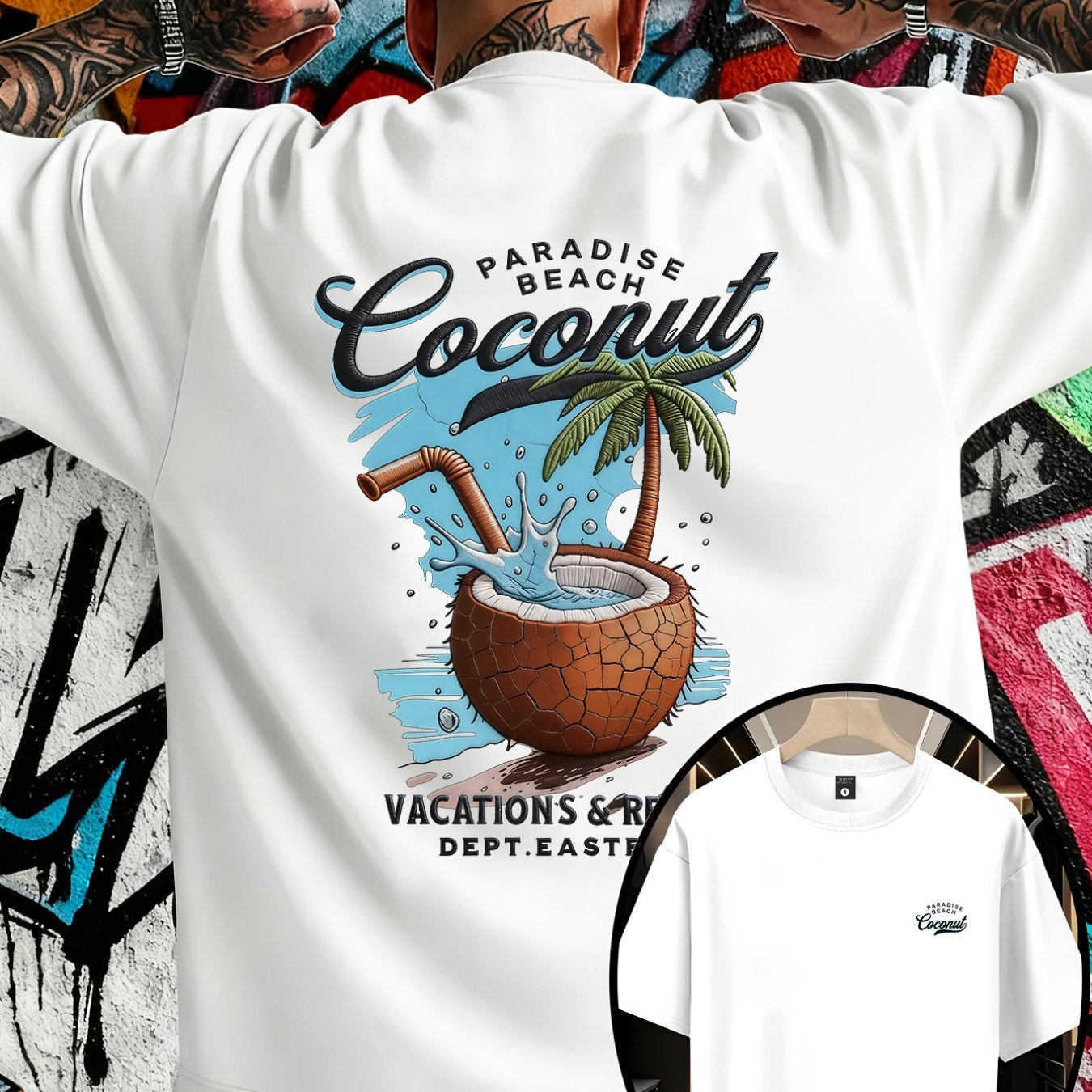 TEMU Men's Trendy Loose-fitting Round Neck T-shirt, Casual Short-sleeve Tee, Featuring A '' Coconut Print, Perfect As A Gift