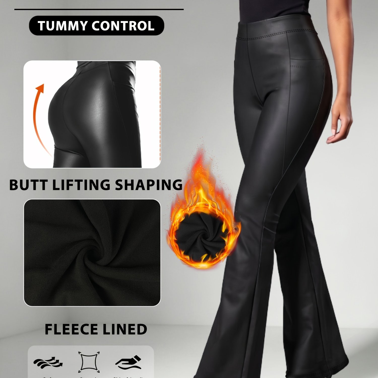 TEMU Women's Elegant High-waist Pu Solid Pants With Crescent Side Pockets, , Stretchy And Comfortable, Brushed Lining, Suitable For Autumn And Winter