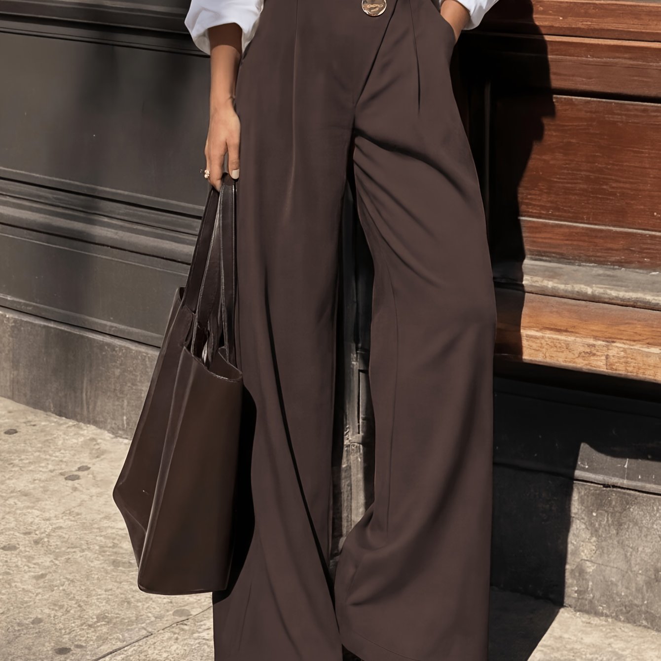 TEMU Pantalones de mujer de color liso de pierna ancha con detalles de hebilla de metal, con de diseñador, versátiles para salidas