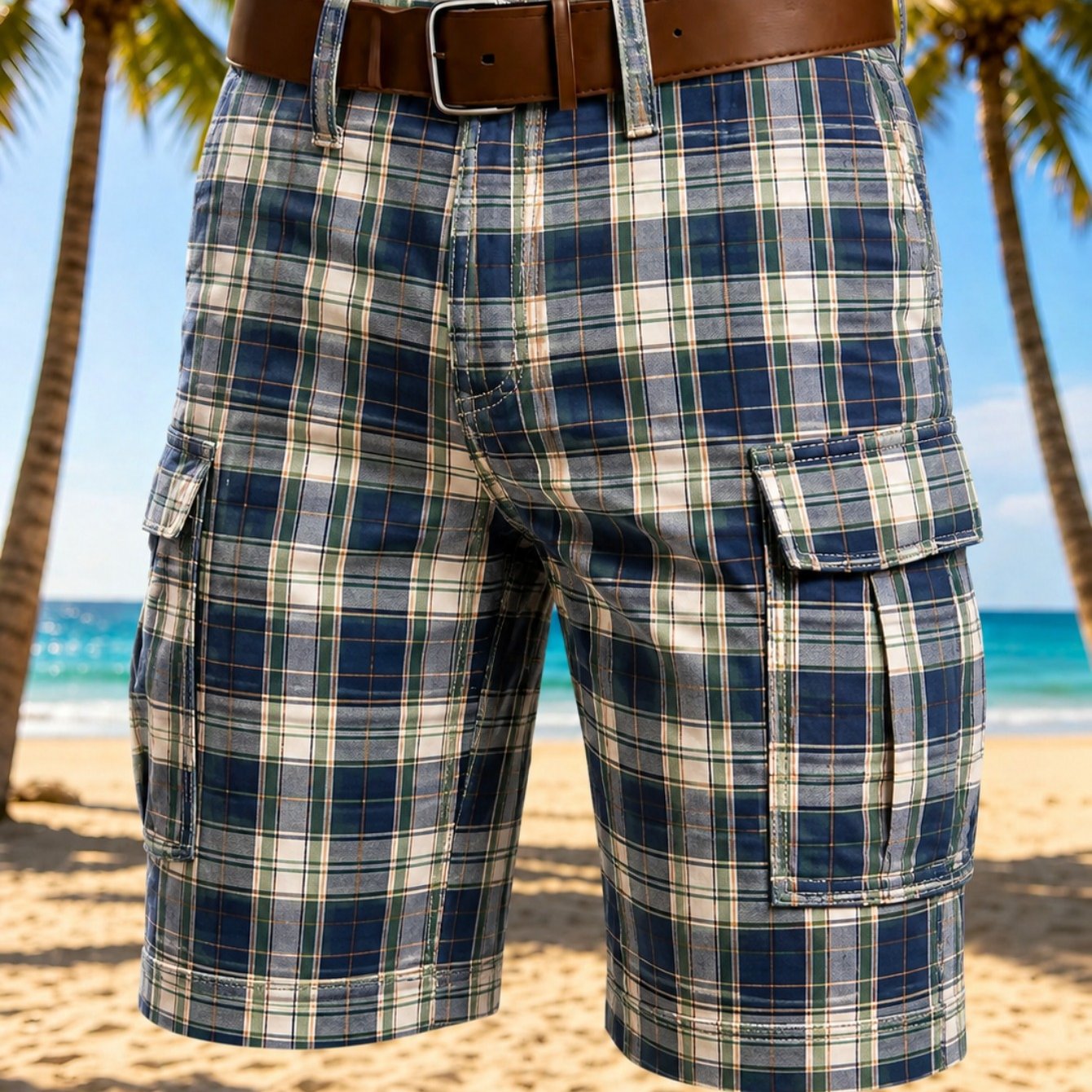 Image of Men's Plaid Cargo Shorts In Navy Blue And Beige Lightweight, Durable, Perfect For Beach, Casual , And Outdoor Activities, Featuring Belt Loops And Side Pockets