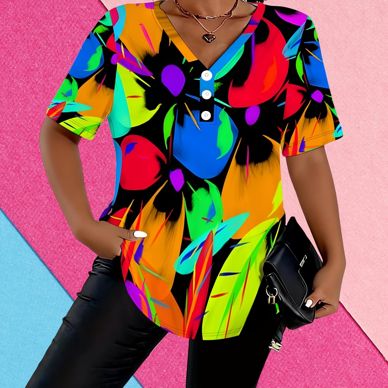 TEMU Plus Size, Summer Plus Size Women's V-neck Three-button Short Sleeve T-shirt, Colorful Abstract Print, Casual, Comfortable, And Versatile Top