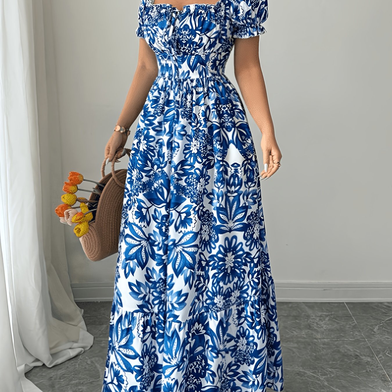 TEMU Fashionable Elegant Women's Mid-length Floral Neck Dress 7042