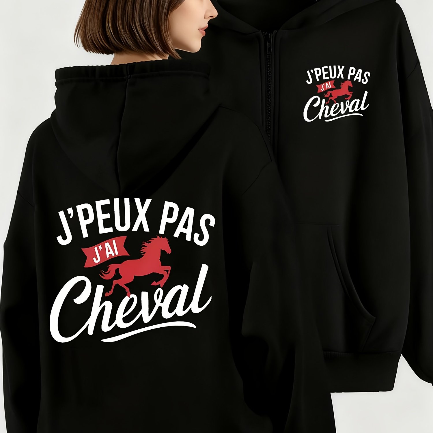 TEMU Veste à capuche zippée intégrale pour femmes | Motif cheval "", tissu confortable, toutes , style décontracté, pour et les , disponible en