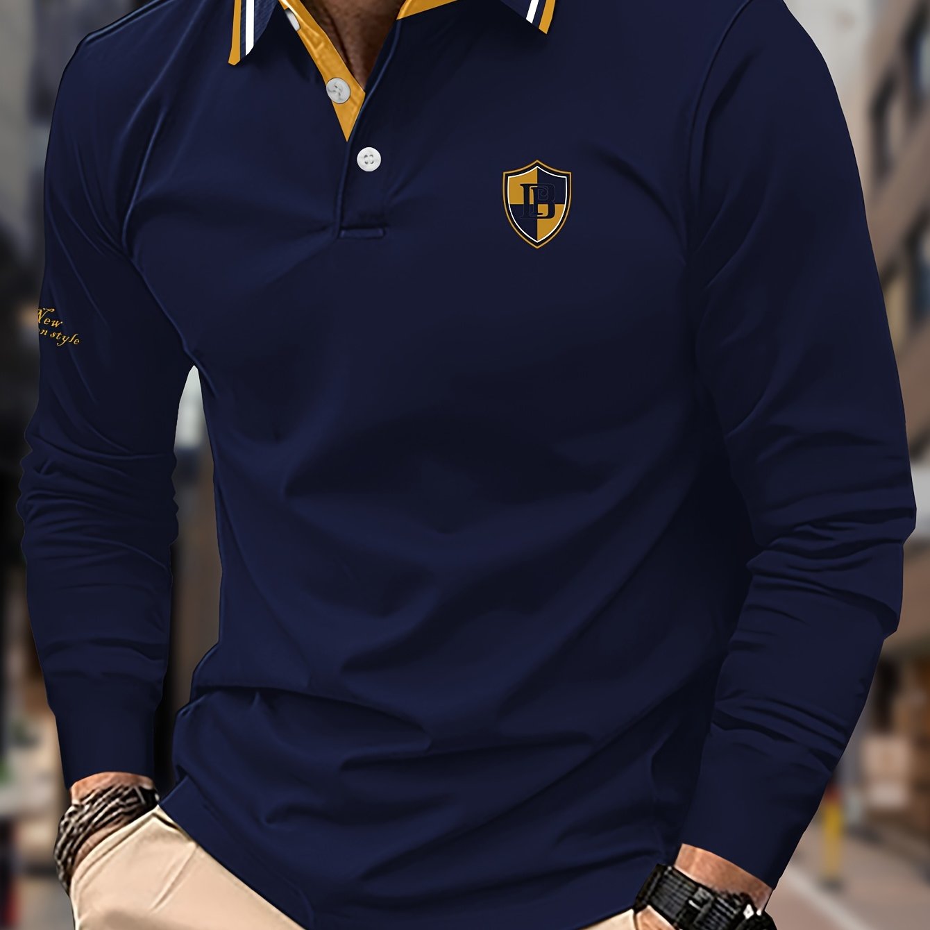 Image of Men's Thin Fabric Long Sleeve Shirt With Letter Patch Print On Chest, Letter Print On , Contrast Knit Collar, Spring/autumn Casual Wear