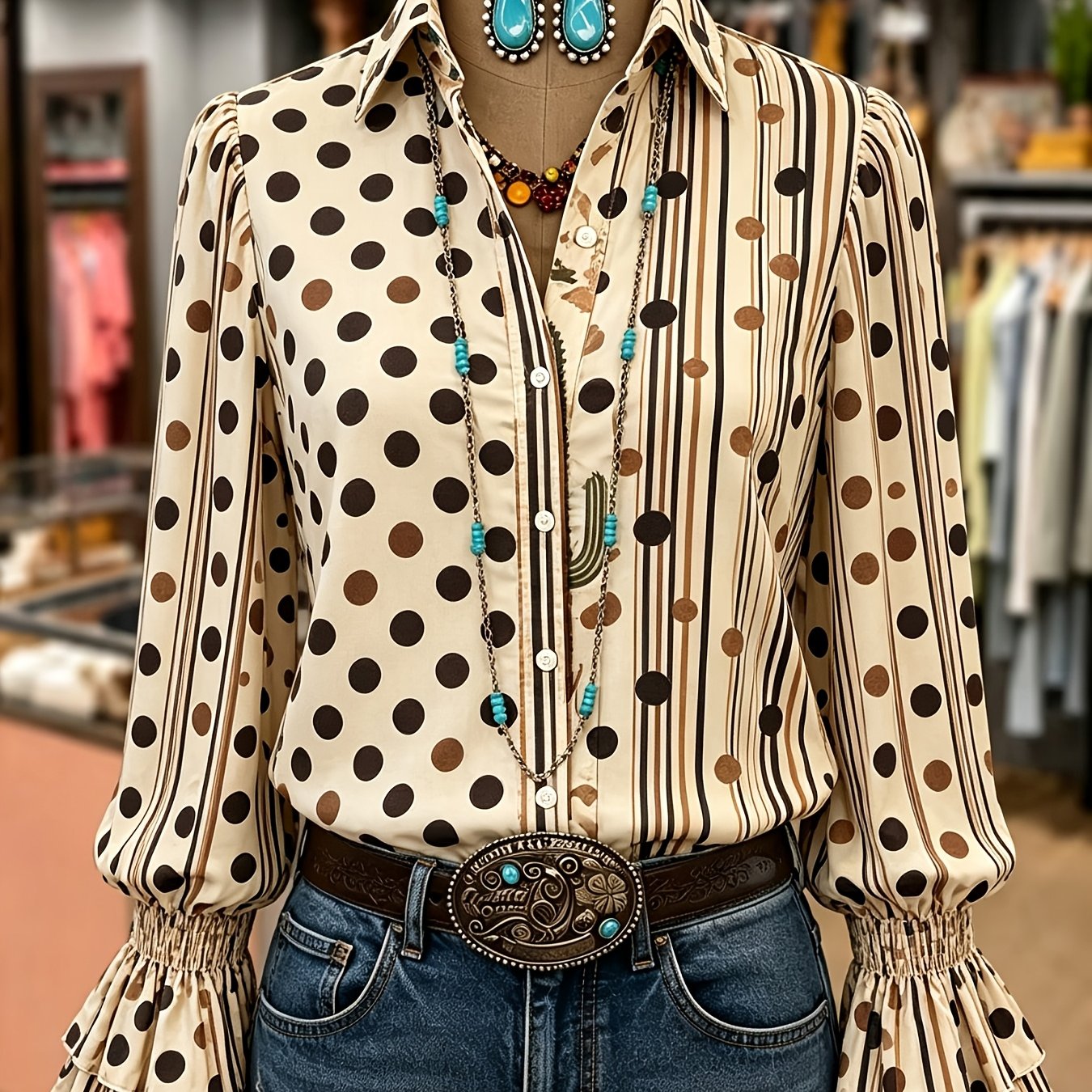 TEMU Chemise Western Boutonnée pour Femme, Base Beige Imprimé à Mélangés et Rayures Verticales, Chemisier à Manches Longues et Col à avec Double