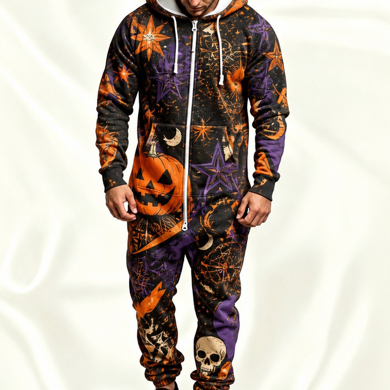 Image of Men's Printed Hooded Jumpsuit For Halloween Celebrations And Christmas Edition, Loose, Skin-friendly With Pockets, Ideal For Daily Loungewear, Festival Parties, Unique Outfits, And Gifting