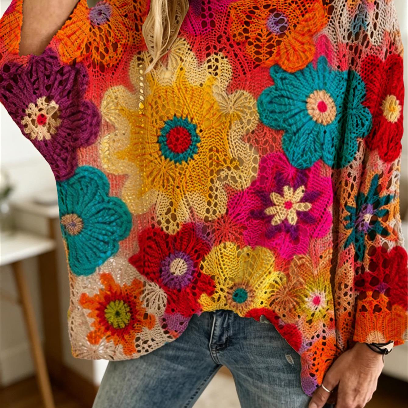 TEMU Pull pour femme à imprimé floral vibrant de style crochet, cache-plage bohème à manches longues chauve-souris pour , l'été et