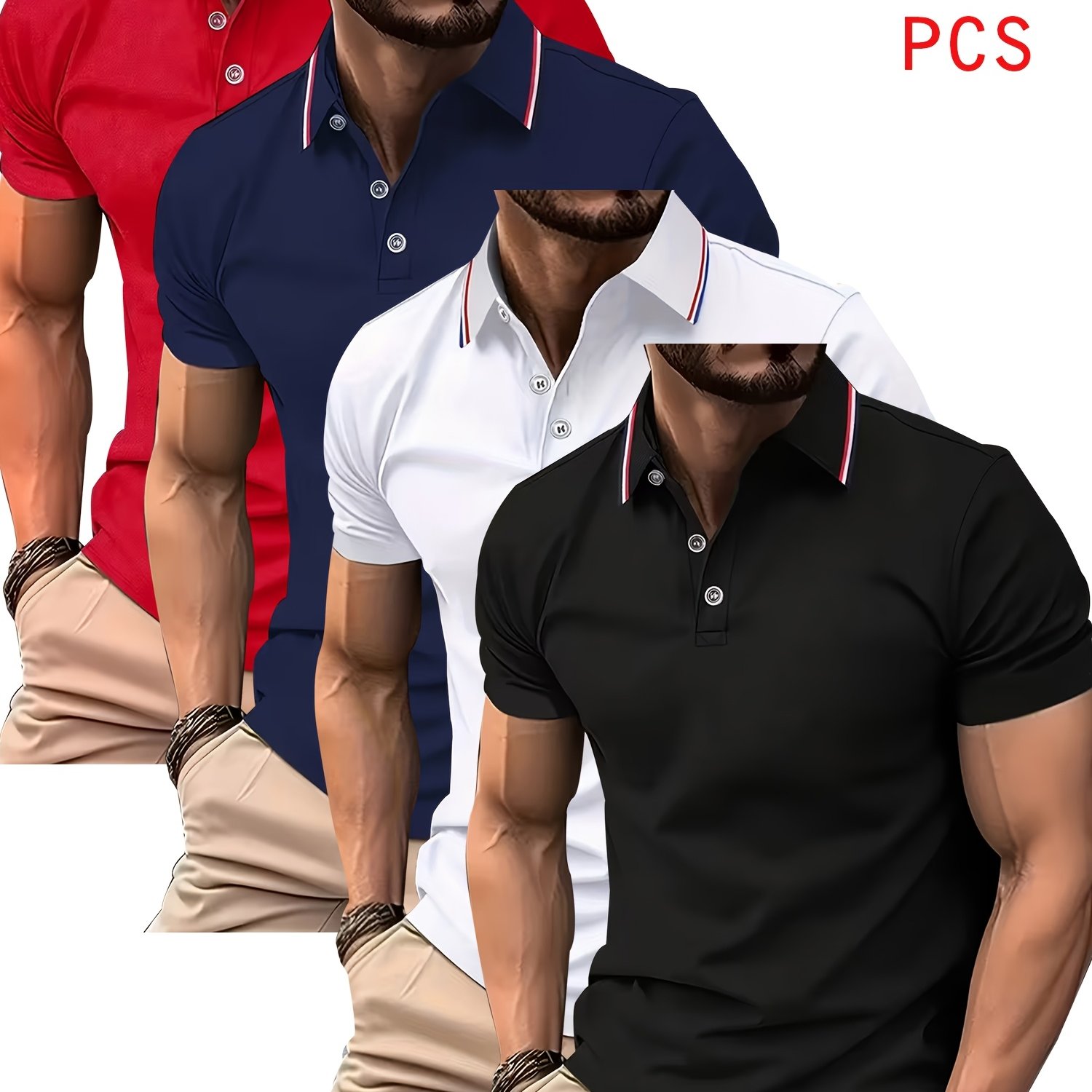 TEMU Striped Shirt Set Of 4, Red, White, And Blue Contrasting Stripes With Three-button Collar, Breathable Quick-dry Golf Casual Shirt, Lightweight
