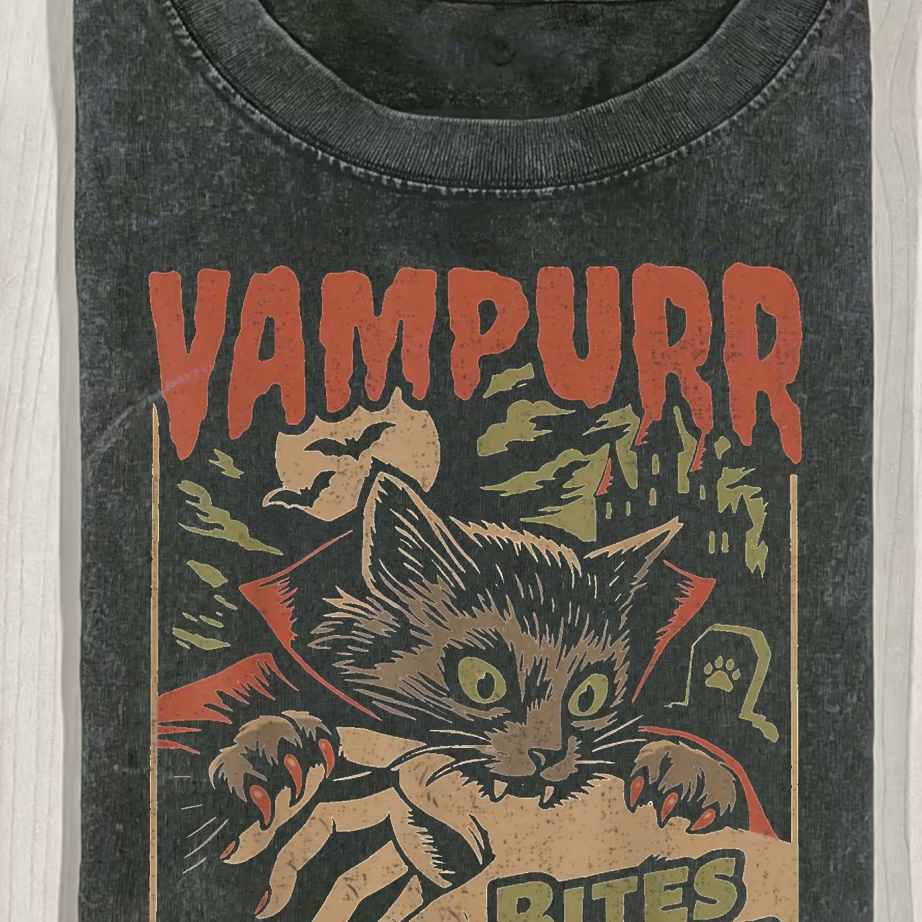 TEMU Men's Funny Vampire Cat Vintage Washed Tee - Vampire-themed Loose Fit Shirt With Vampire Cat & Fangs Print, Round Neck Short Sleeve Casual Top