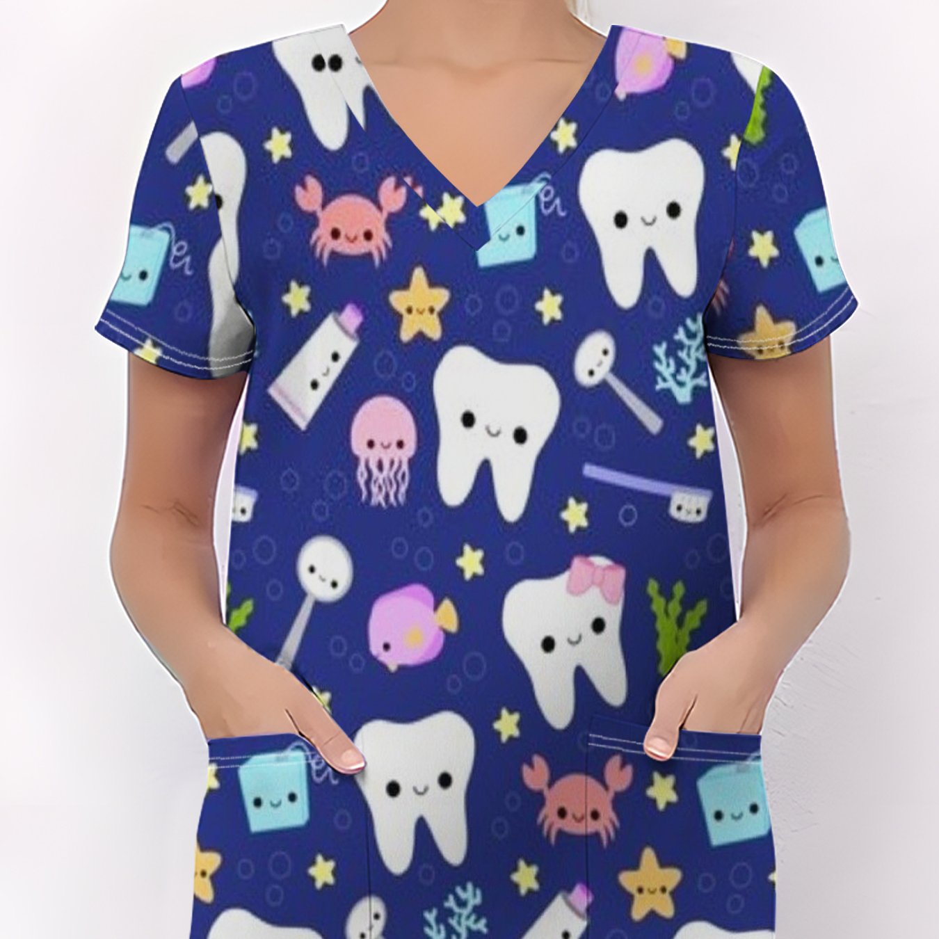 TEMU Women's Dental-themed V-neck T-shirt With 3d Dental & Dental Office Design - Dental Hygiene, Dental Chair, Tooth Brushes, Dental Tools -