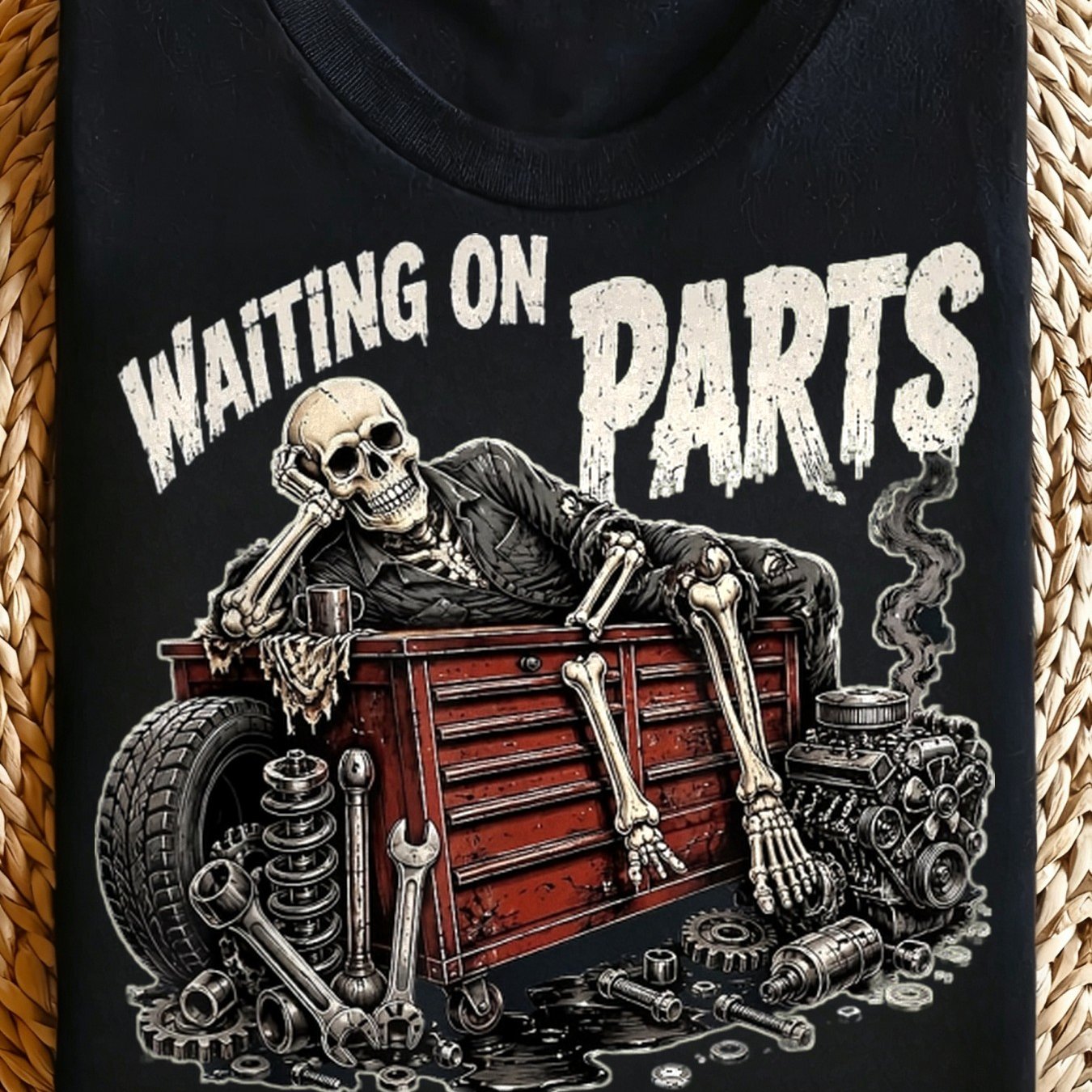TEMU Funny Graphic Men's T-shirt, Waiting For Parts Skeleton Mechanic Graphic Tees, Casual Car Scene Tees, Vintage Distressed Style Regular Fit Short